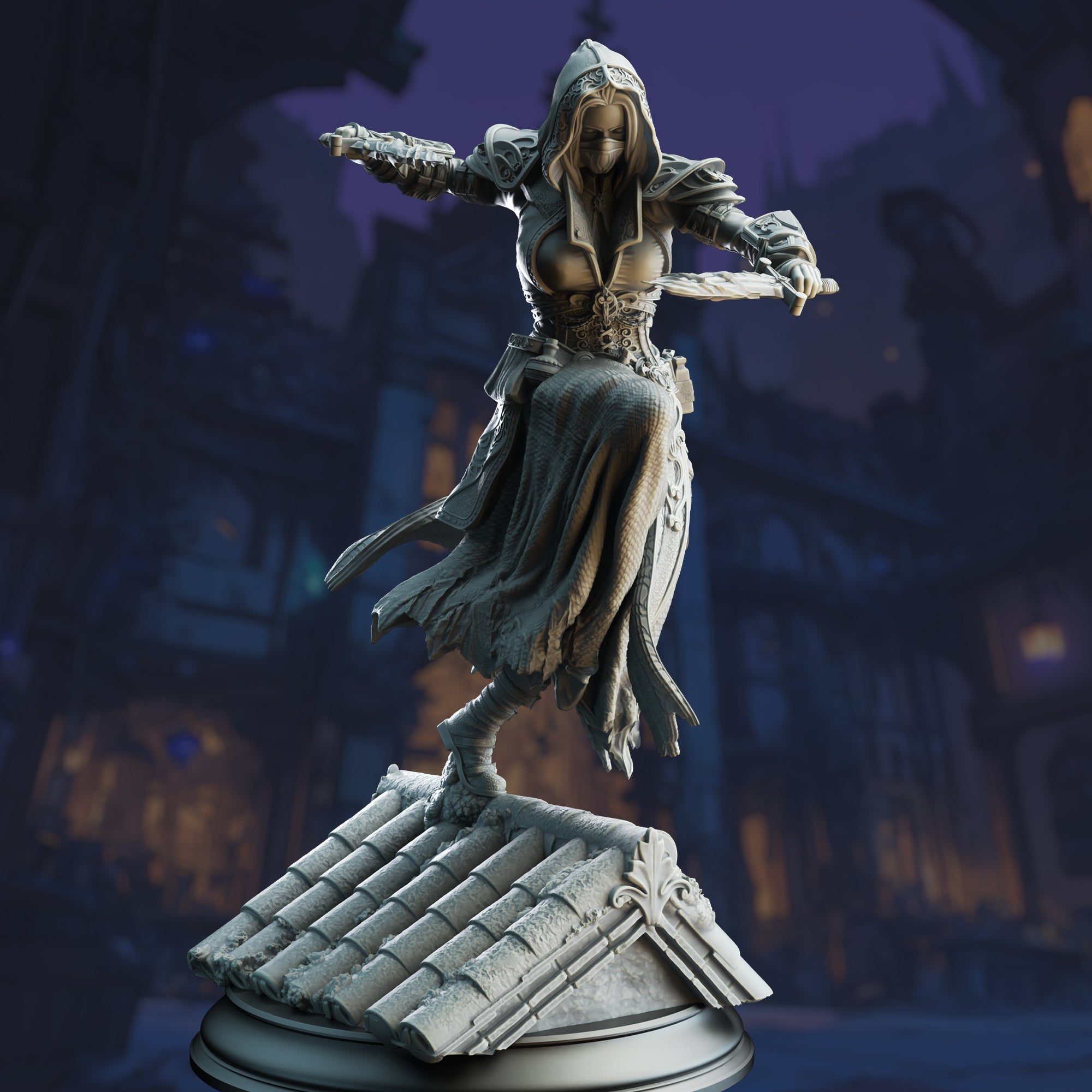 A detailed 3D model of a female warrior figure, wearing a long cloak and wielding a sword, standing on a rooftop against a dark, fantastical background.