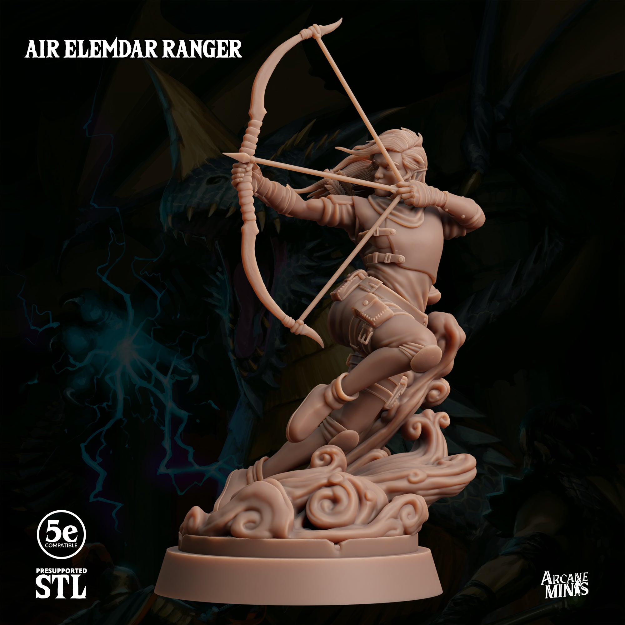 The image is a detailed sculpture of an Air Elemdar Ranger character, holding a bow and arrow, standing on a platform.