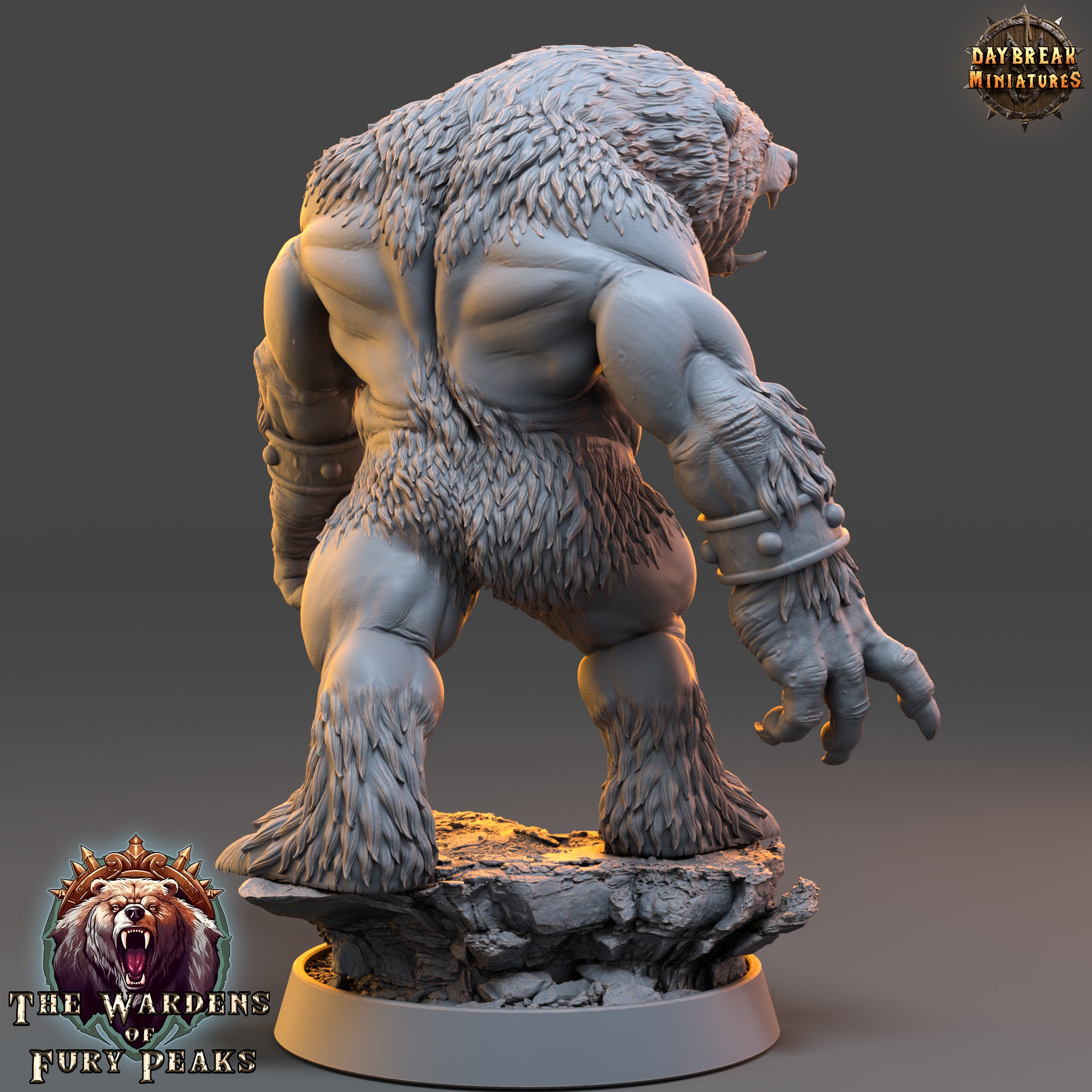 A 3D model of a fierce-looking, furry creature resembling a bear or a wolf, standing on a rock formation.