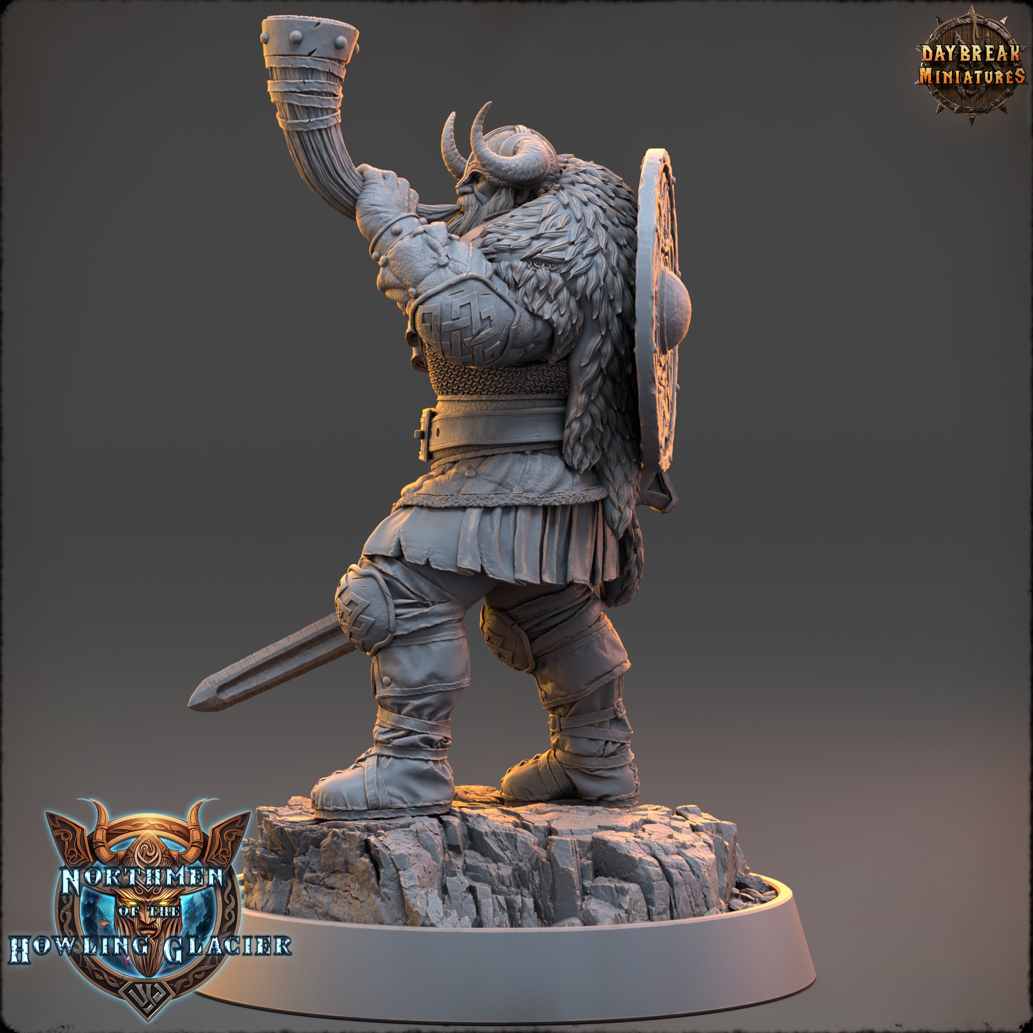 A detailed 3D model of a Viking warrior figure, holding a horn and sword, standing on a rocky outcrop.