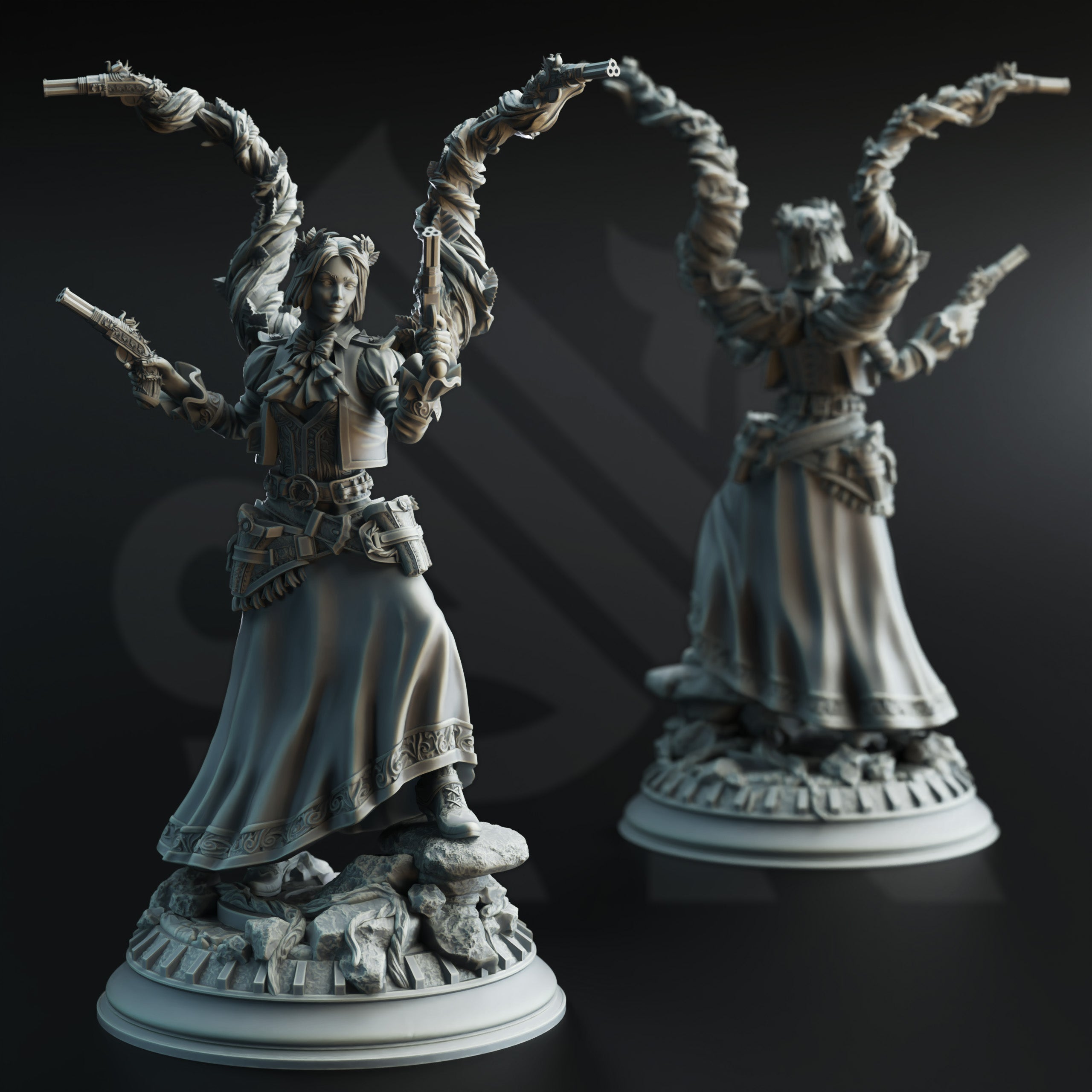two detailed sculptures of a woman with multiple arms, each holding a gun. The sculptures are set against a dark background, emphasizing their intricate details and the contrast between the dark background and the sculptures.