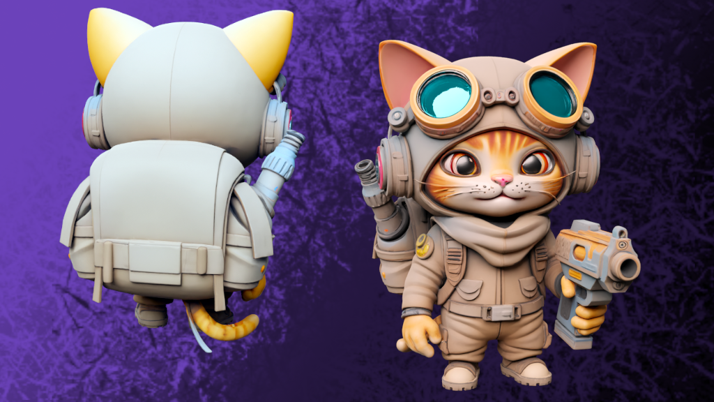 a cat in a space suit holding a gun and a cat in a space suit