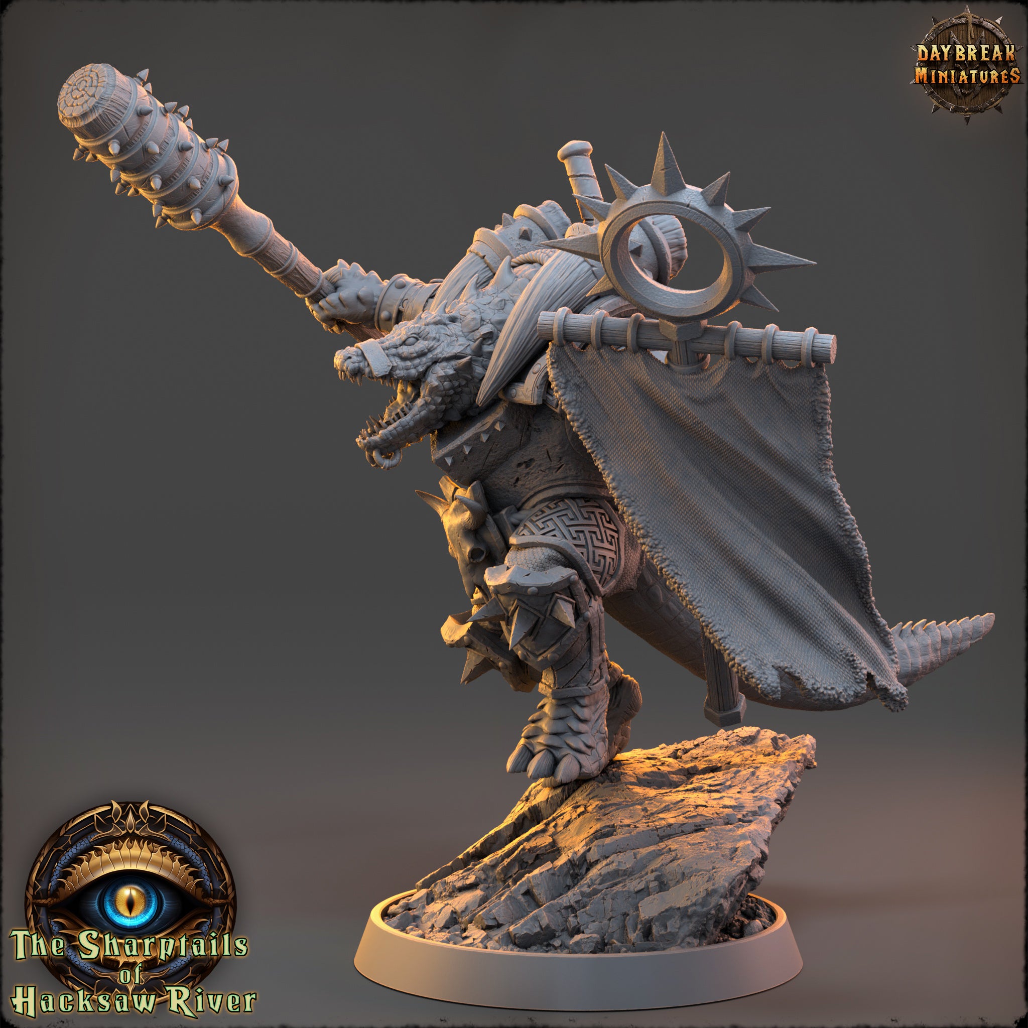 A detailed 3D model of a fantasy creature, possibly a dragon or serpent, with a large weapon in its hand and a cape-like garment on its back. The creature is standing on a rocky surface, and the background is dark and moody.