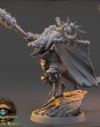 A detailed 3D model of a fantasy creature, possibly a dragon or serpent, with a large weapon in its hand and a cape-like garment on its back. The creature is standing on a rocky surface, and the background is dark and moody.