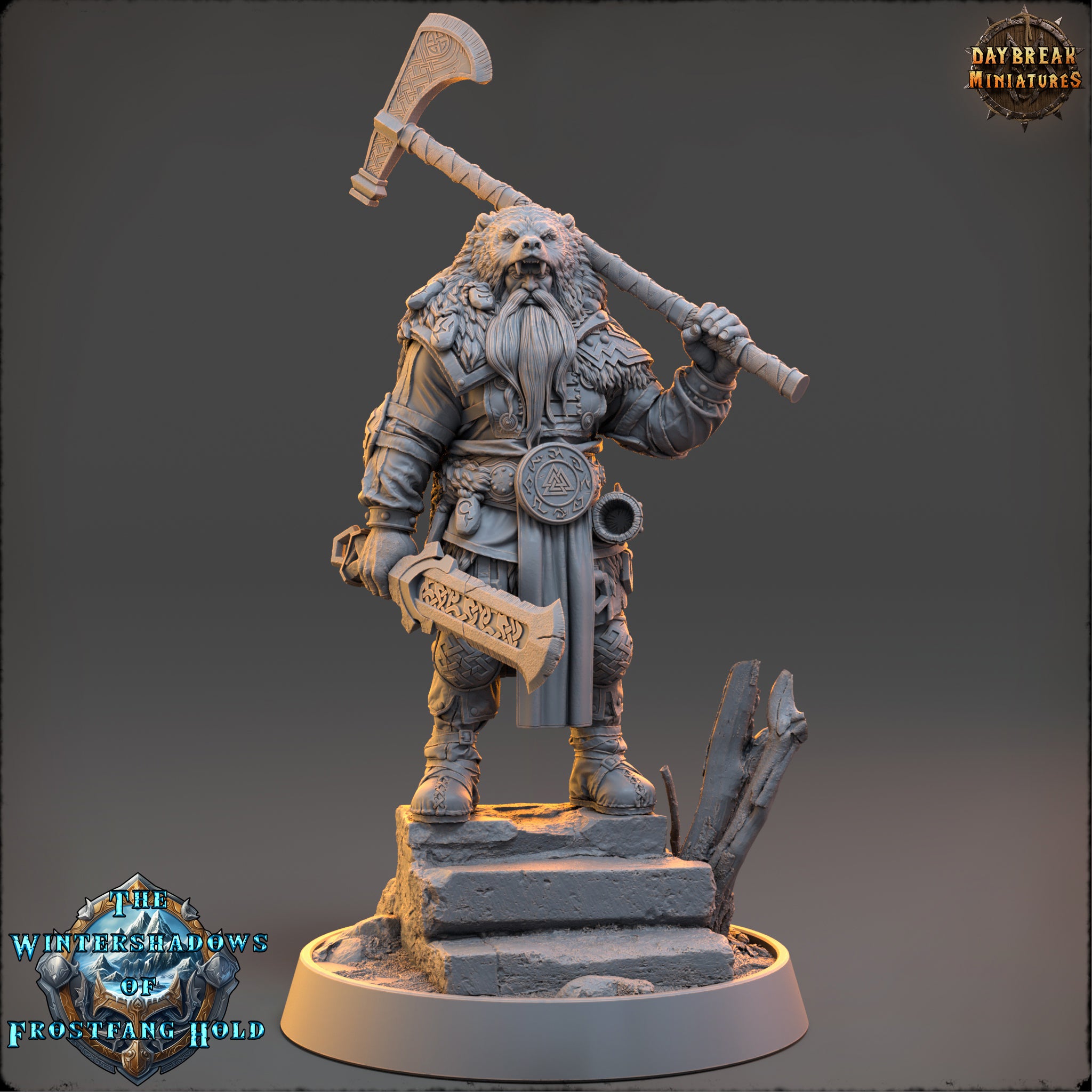 A detailed 3D model of a fantasy character, likely a dwarf or gnome, standing on a pedestal and holding a large weapon. The character is wearing a long beard and has a distinctive hairstyle. The image is a collage of various images, and the caption provided is a description of the image without any redundancy or vague wording.