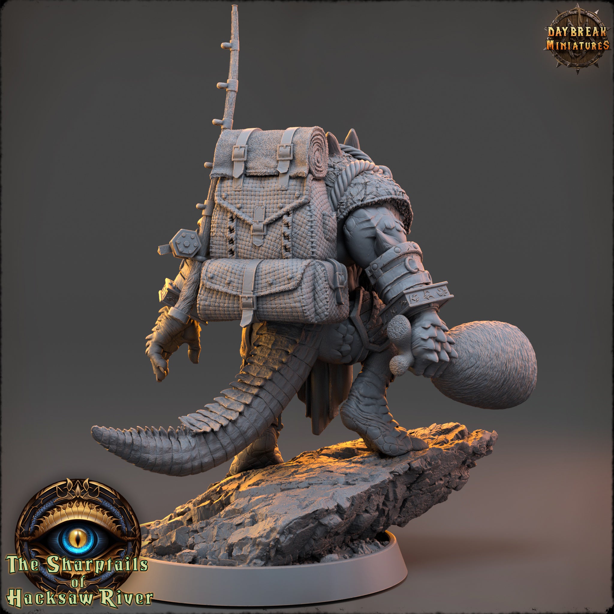 A detailed 3D model of a fantastical creature, possibly a mythical or magical being, with various accessories and equipment attached to it. The creature is standing on a rocky surface, and the background is dark, creating a dramatic and mysterious atmosphere.