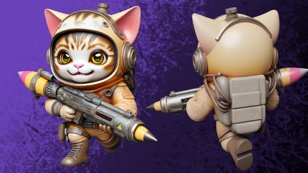 a cat with a gun and a cat in a space suit