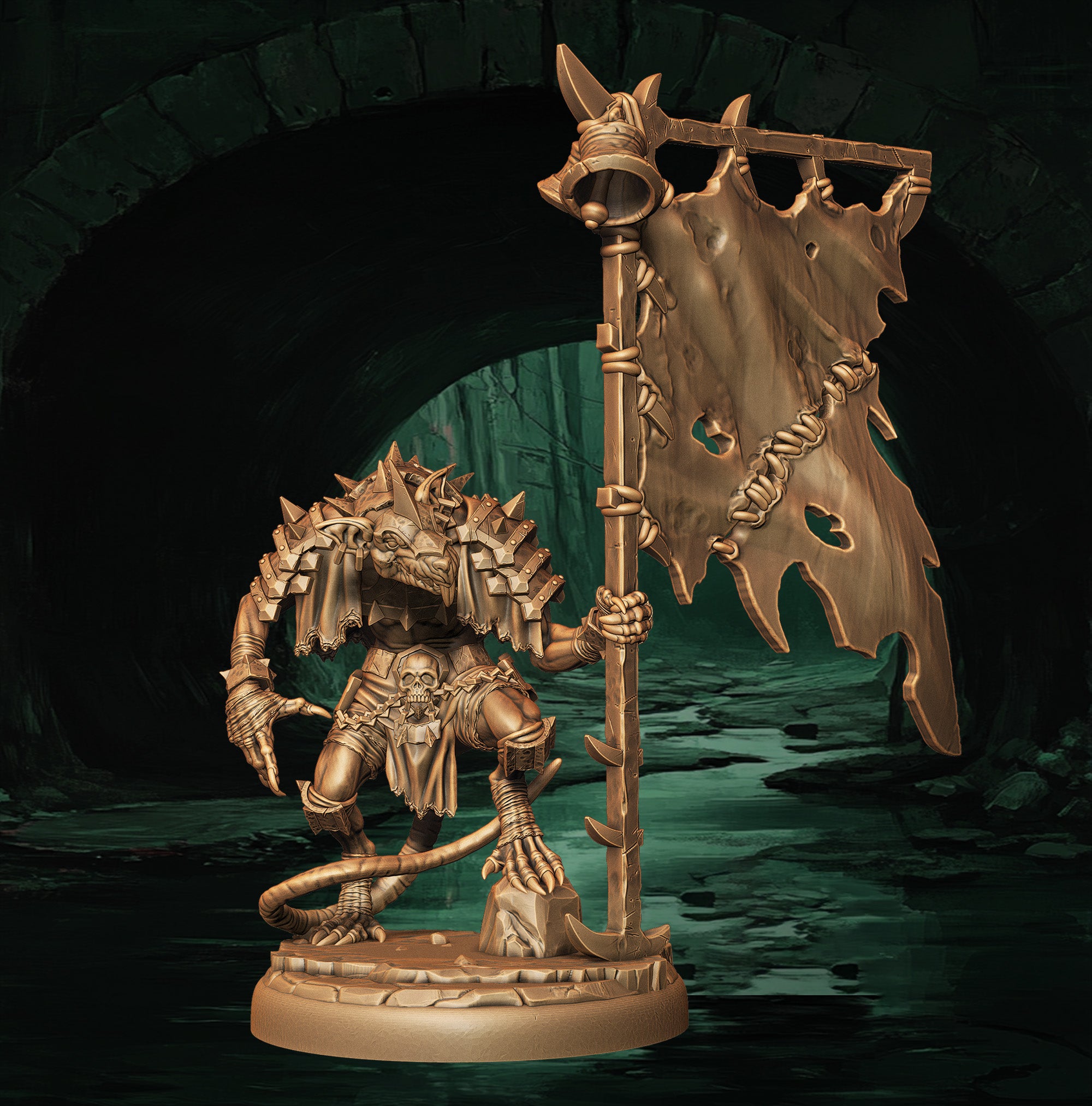 a bronze statue of a demon holding a spear