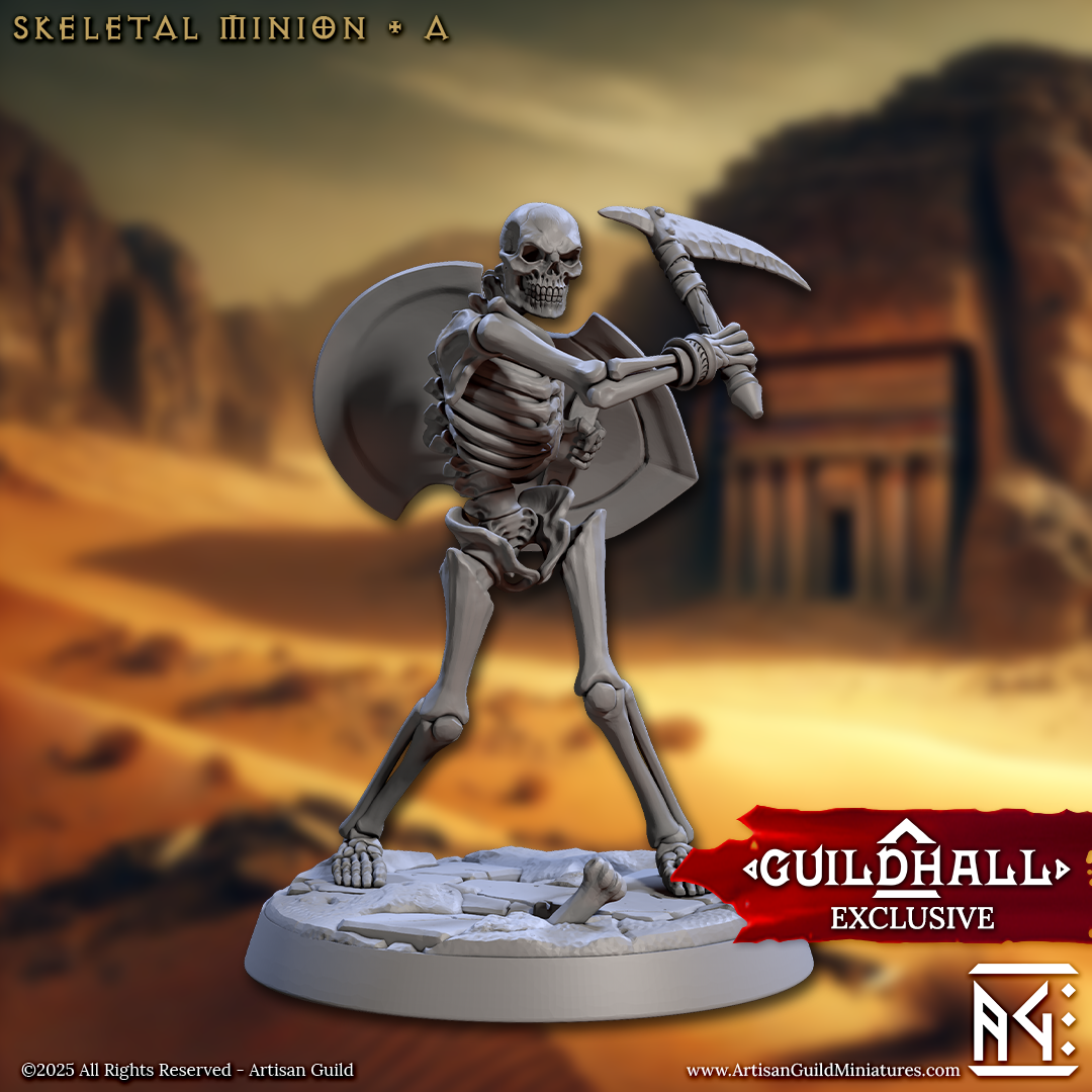 a skeleton with a sword and shield in a desert setting