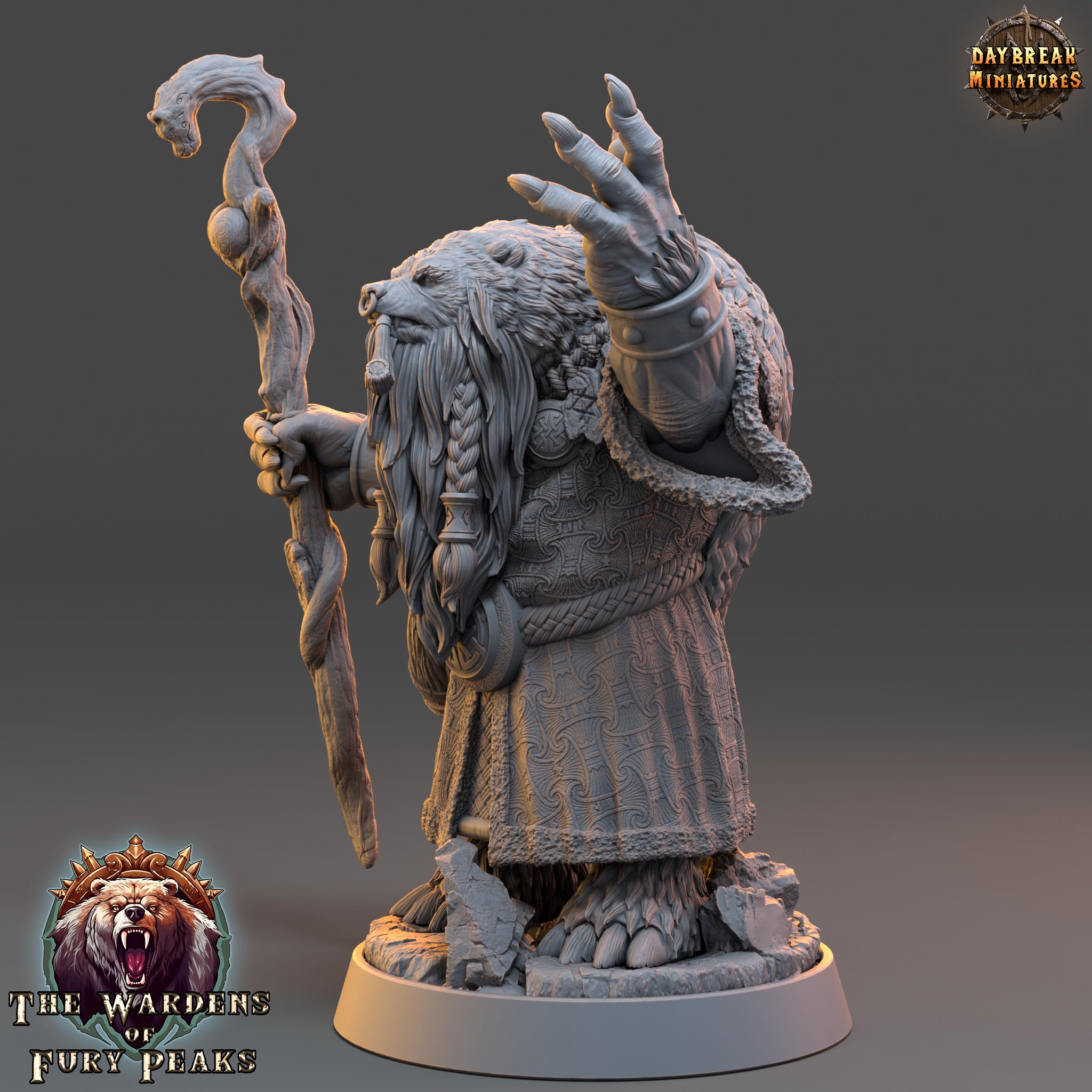 A detailed 3D model of a fantasy character, likely a gnome or wizard, holding a staff and standing on a platform. The character has a long beard and is wearing a robe with intricate patterns. The image is described as a "daybreak miniatures" and "The Wardens of Fear", suggesting it is part of a larger collection of miniatures or fantasy-themed artwork.