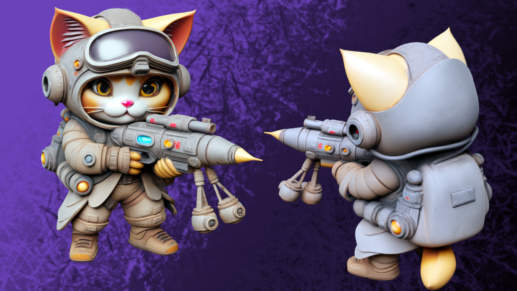 a cat in a space suit holding a gun and another cat in a space suit