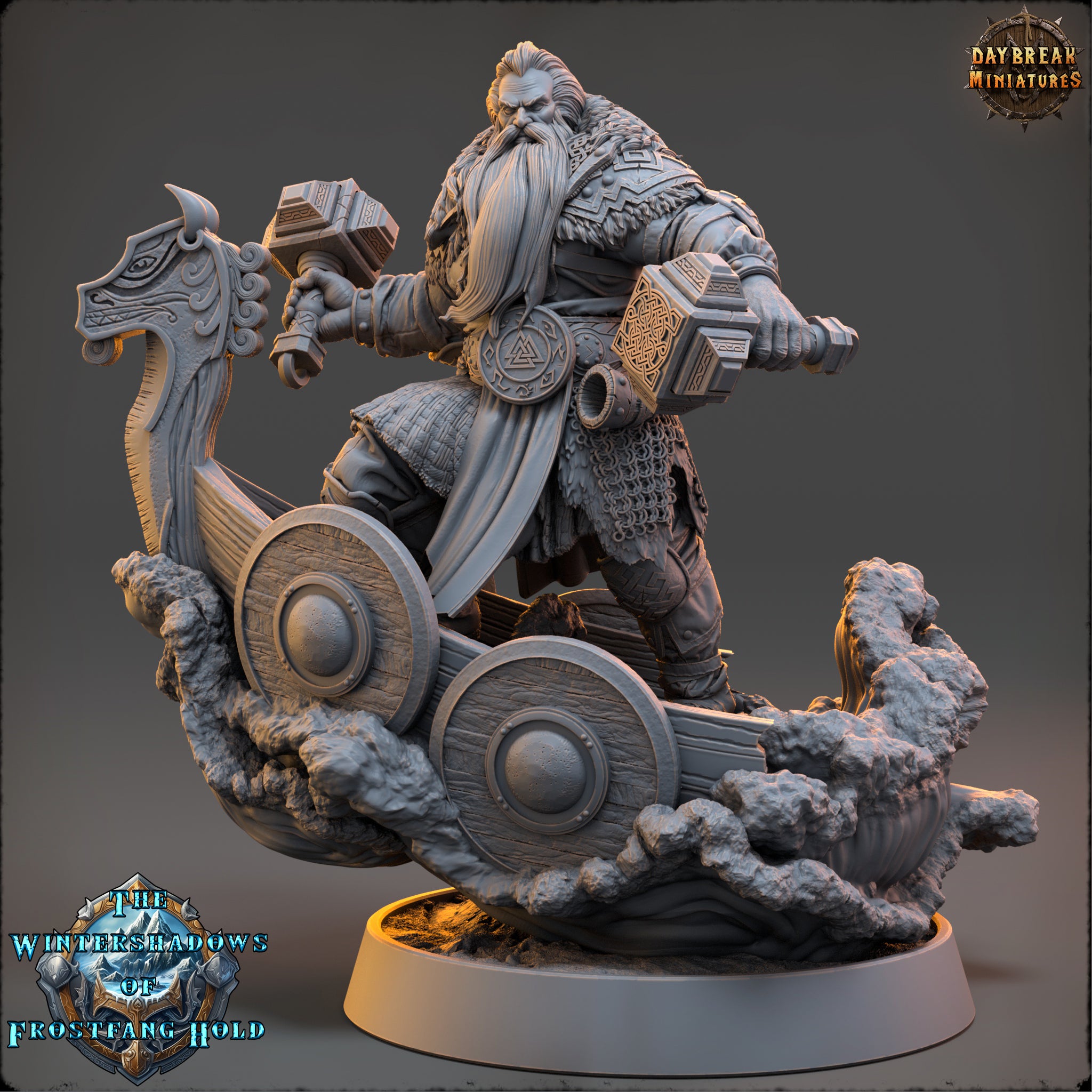 A detailed 3D model of a bearded dwarf warrior standing on a boat, holding a shield and a sword. The warrior is wearing a large, ornate helmet and is surrounded by various battle-ready equipment.