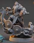 A detailed 3D model of a bearded dwarf warrior standing on a boat, holding a shield and a sword. The warrior is wearing a large, ornate helmet and is surrounded by various battle-ready equipment.
