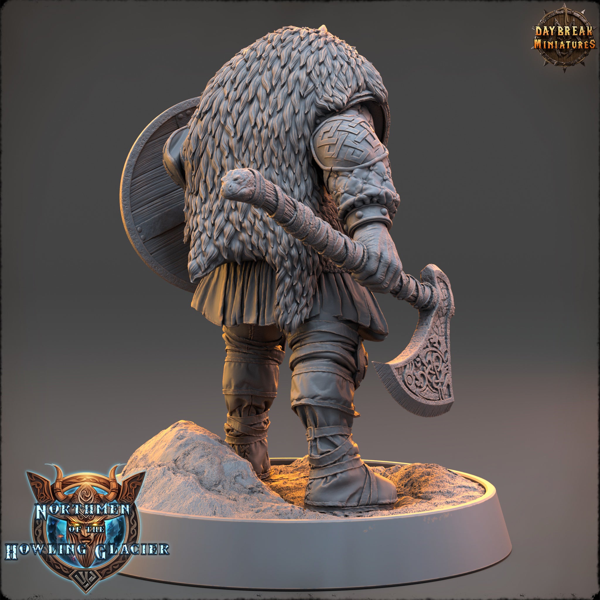 A detailed 3D model of a warrior figure, wearing a fur-trimmed helmet and carrying a large shield, standing on a platform and holding a sword.
