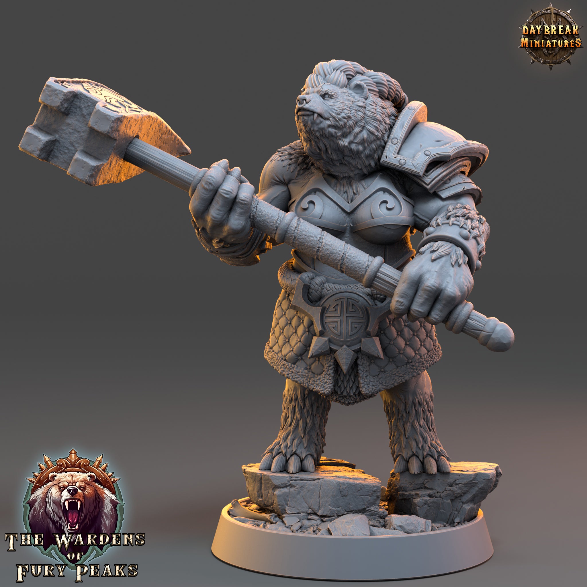 A 3D model of a bear-like creature holding a large hammer, standing on a rocky base.