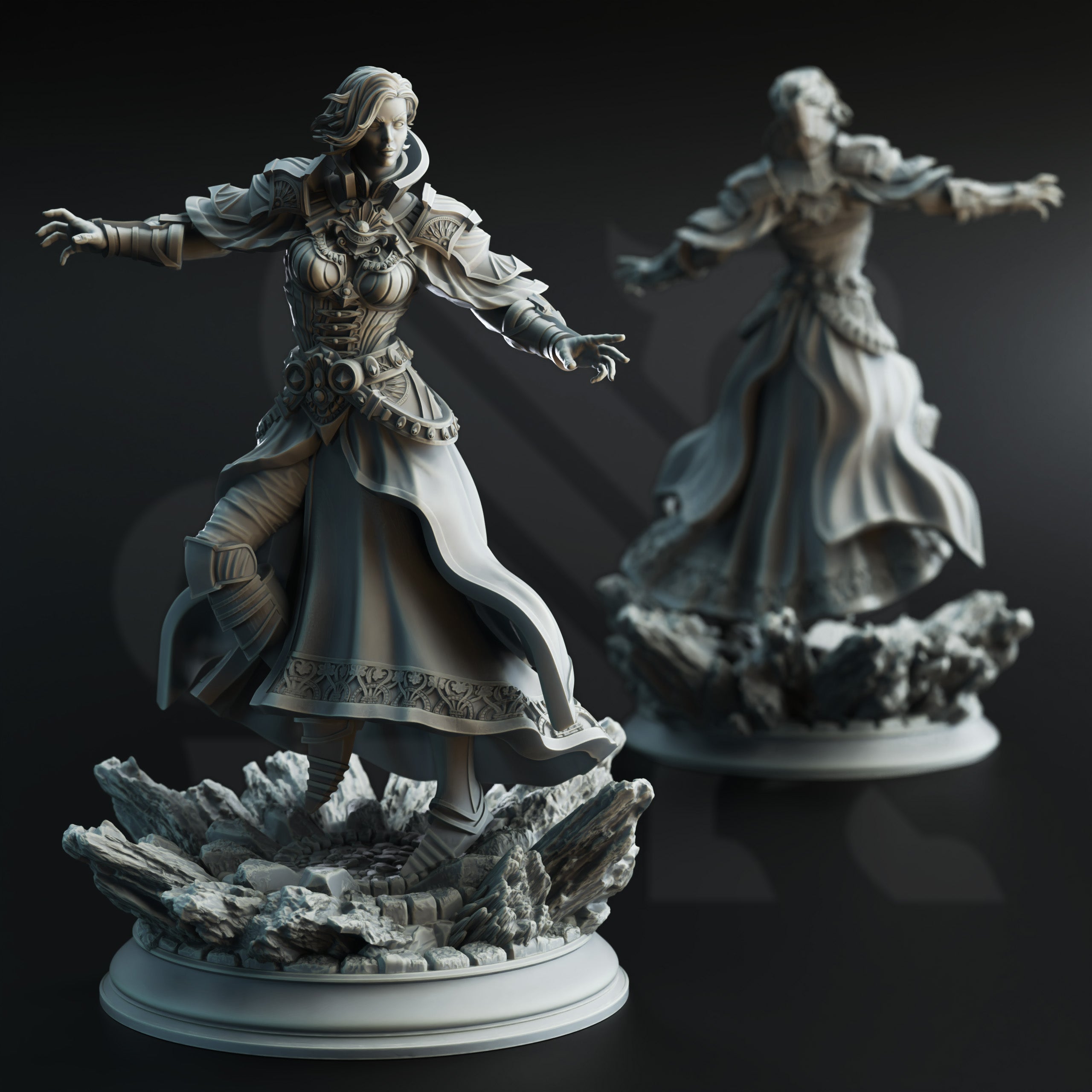 two detailed 3D models of female characters, each with flowing robes and intricate armor, set against a dark background.