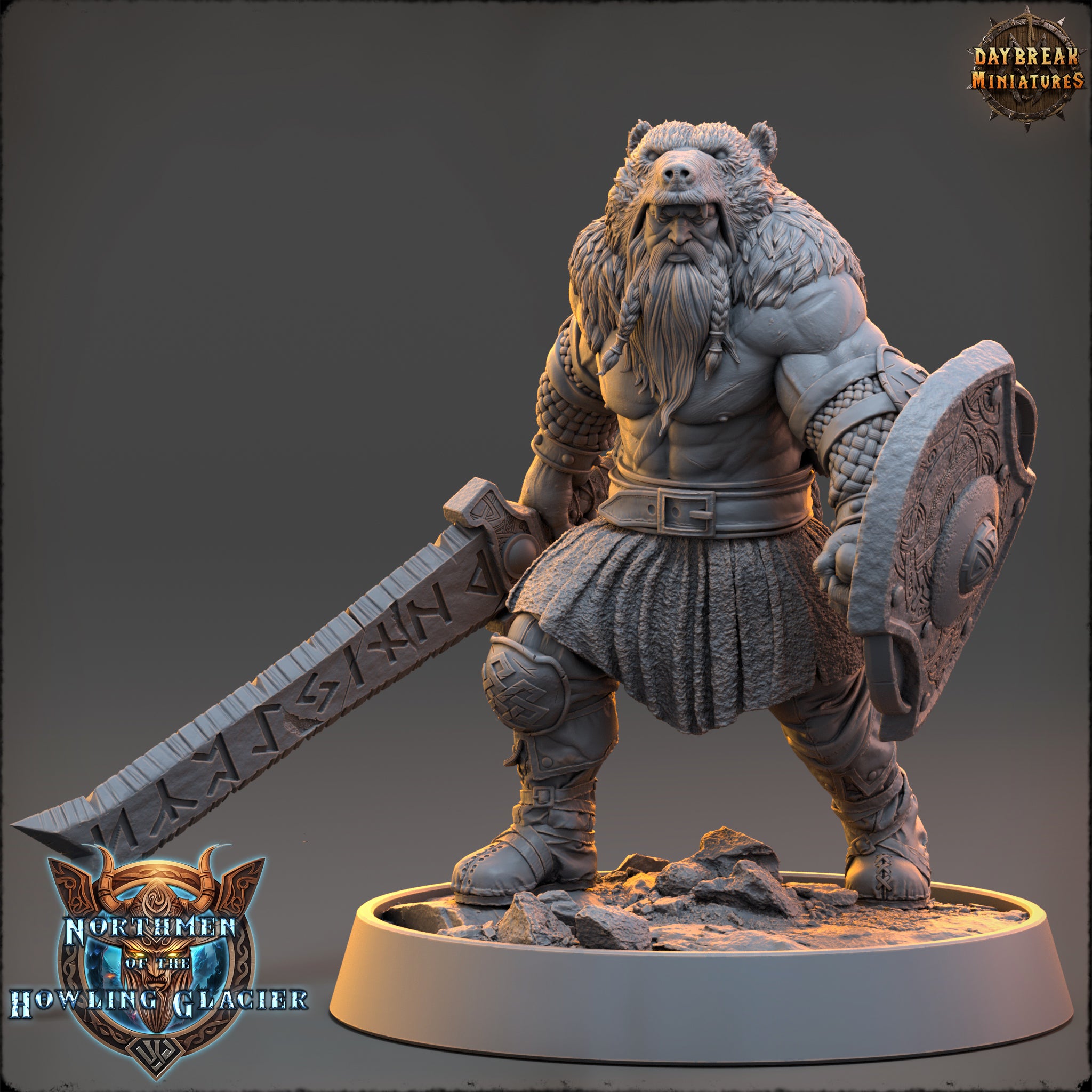 A detailed 3D model of a warrior figure, likely from a fantasy or adventure game, standing on a base and holding a large sword and shield.