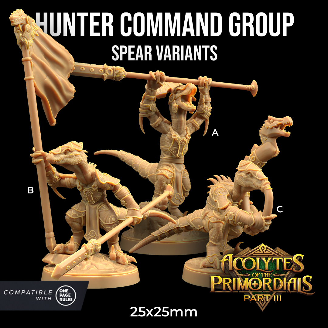 The image is a promotional poster for a "Hunter Command Group" spear variant from the video game Acolytes of the Primordials Part III. The poster features three different spear variant figures, each with unique poses and weapons, set against a black background.