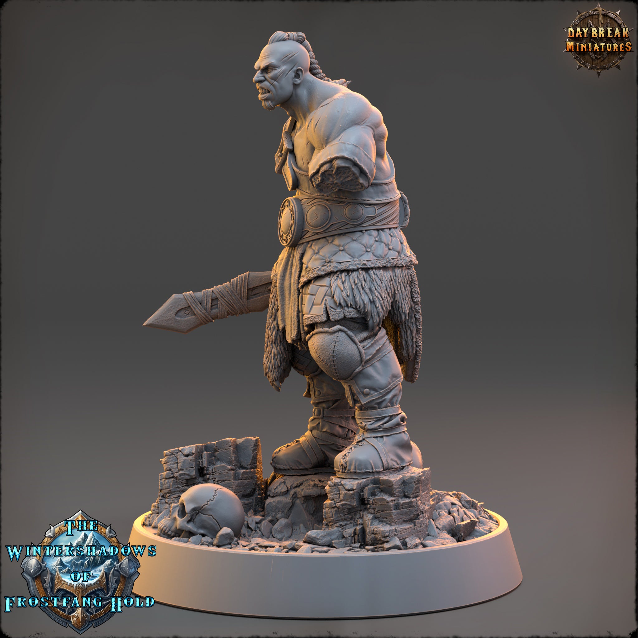 A detailed 3D model of a warrior figure, likely from a fantasy or adventure game, standing on a base and holding a sword.