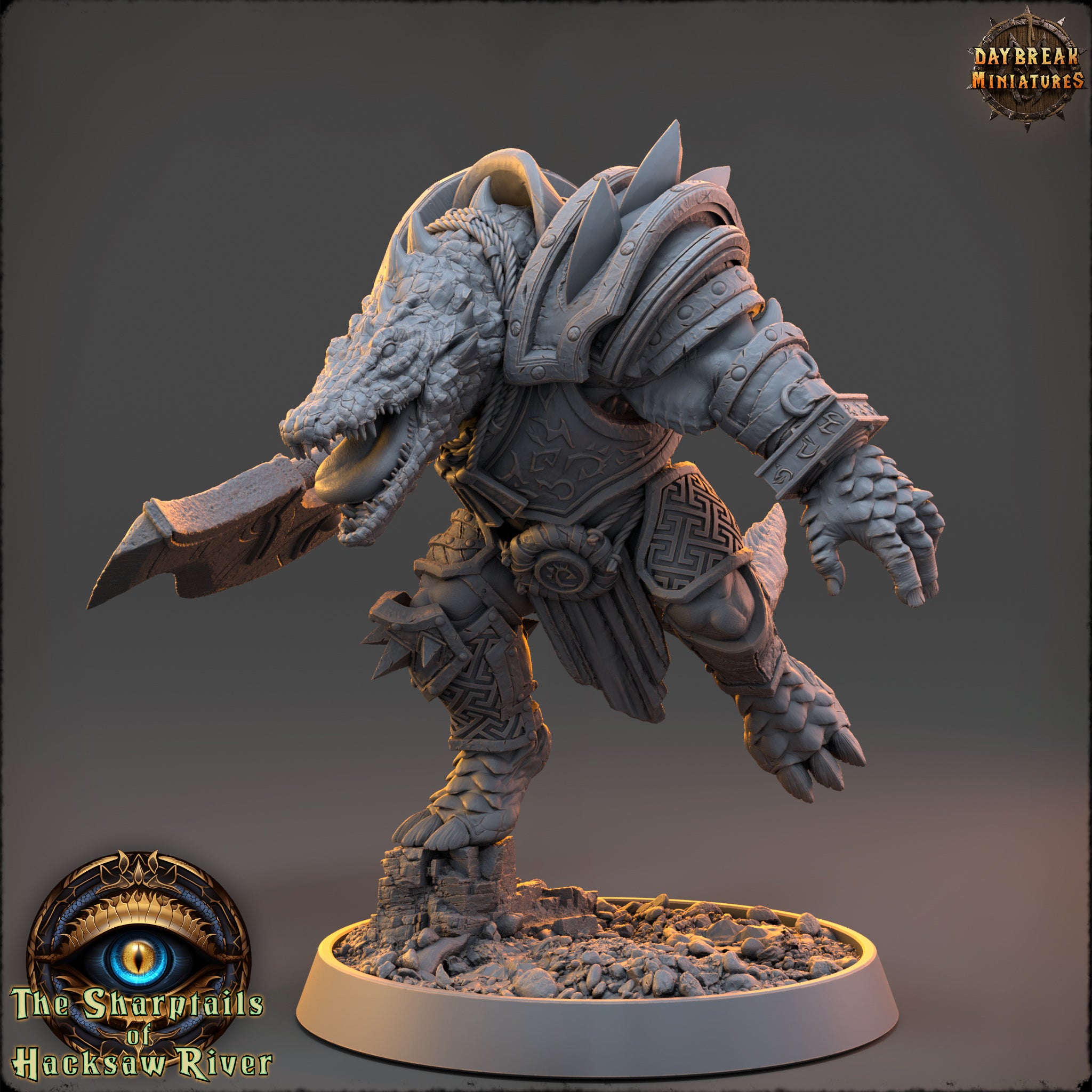 A detailed 3D model of a fantastical creature, possibly a dragon or serpent, with intricate armor and weapons, standing on a rocky base.