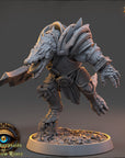 A detailed 3D model of a fantastical creature, possibly a dragon or serpent, with intricate armor and weapons, standing on a rocky base.
