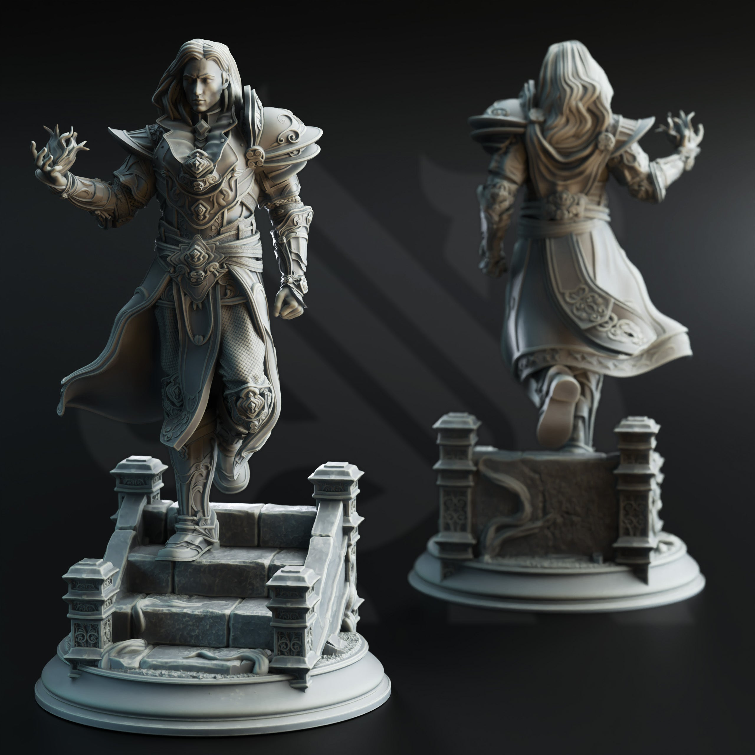 two detailed 3D models of fantasy characters, including a male figure with long hair and a flowing robe, and a female figure with long hair and a flowing dress. The characters are standing on pedestals and appear to be in a dynamic pose, with one character facing forward and the other facing backward. The background is dark, which emphasizes the intricate details of the sculptures.