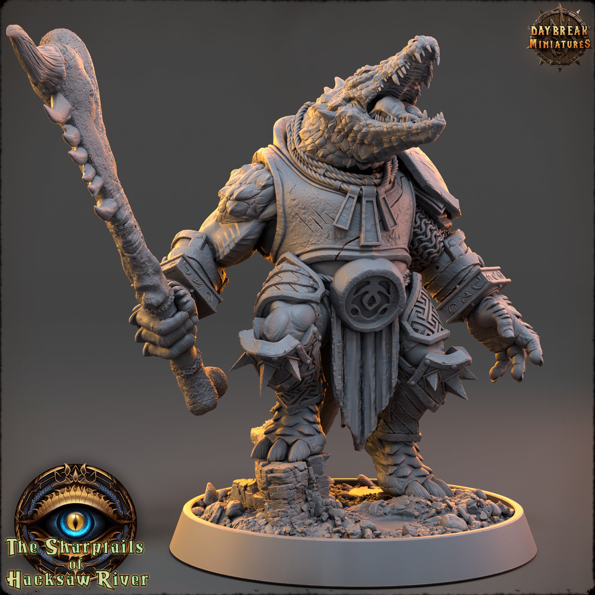 A detailed 3D model of a fantastical creature, possibly a mythical or magical being, with intricate armor and weapons. The creature is standing on a base and appears to be ready for battle or action.