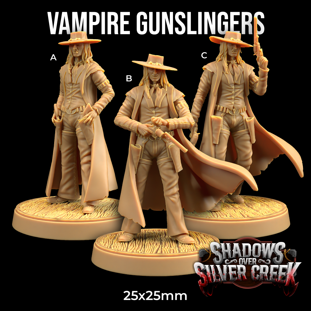 three figurines of vampire hunters, each with different poses and weapons, set against a dark background.