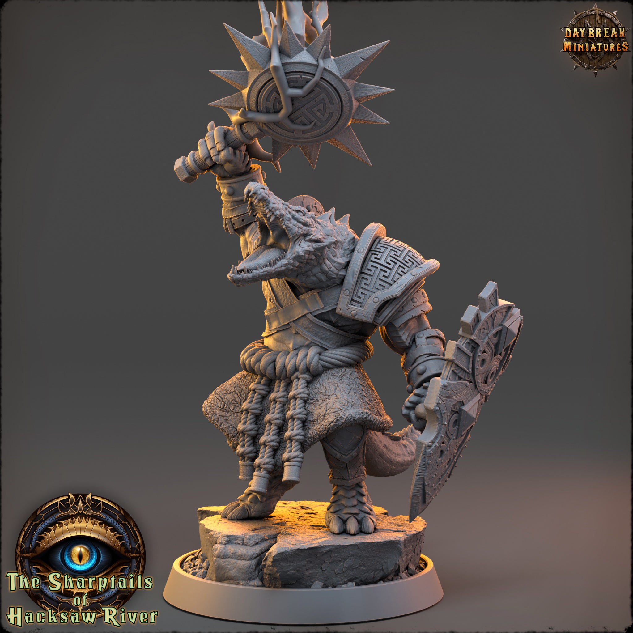 A detailed 3D model of a fantasy character, likely a dragon or mythical creature, standing on a pedestal and holding various weapons. The character appears to be a warrior or warrior-like figure, ready for battle or combat.