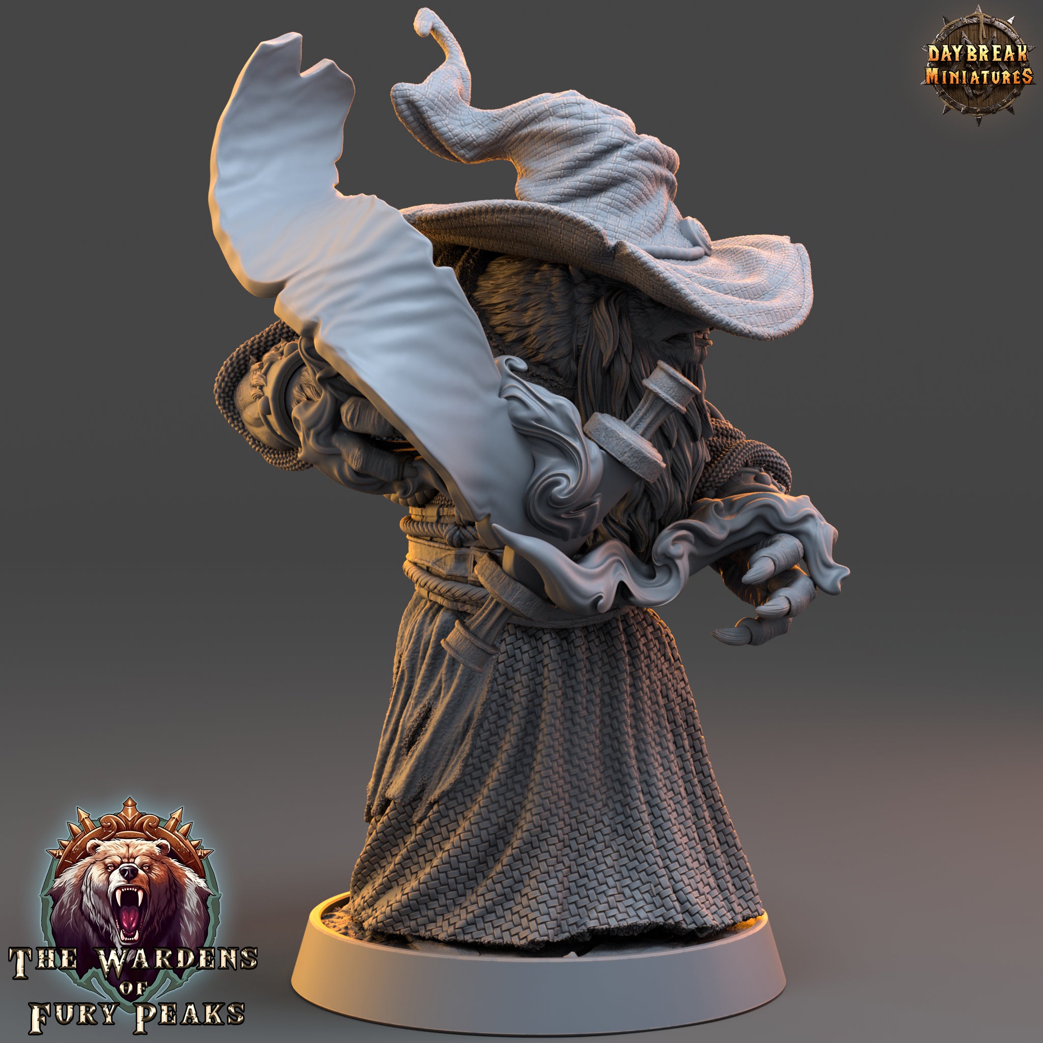 A 3D rendering of a wizard statue with a flowing robe and a large hat, set against a dark background.
