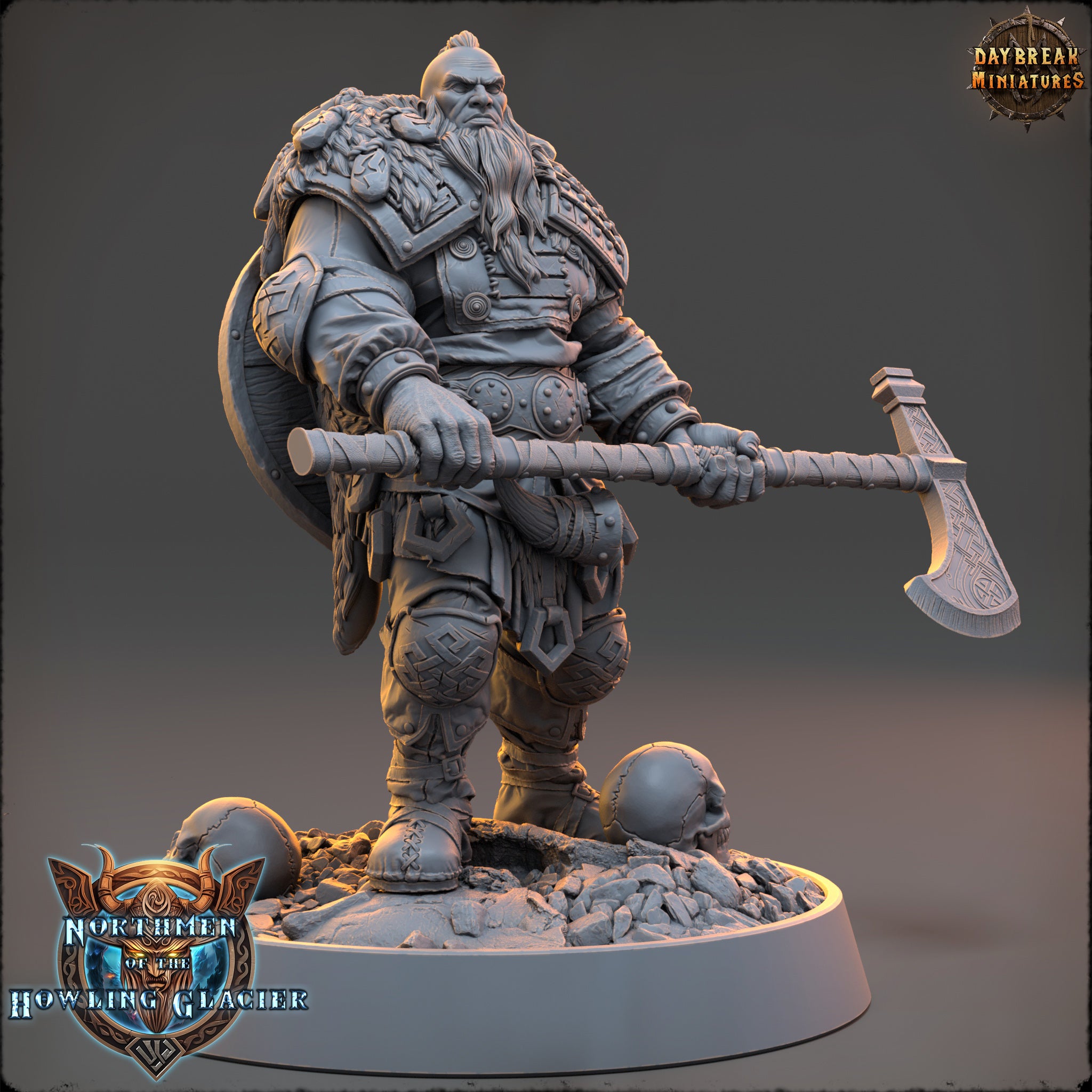 A detailed 3D model of a warrior figure holding a large weapon, standing on a base with a skull and other artifacts.