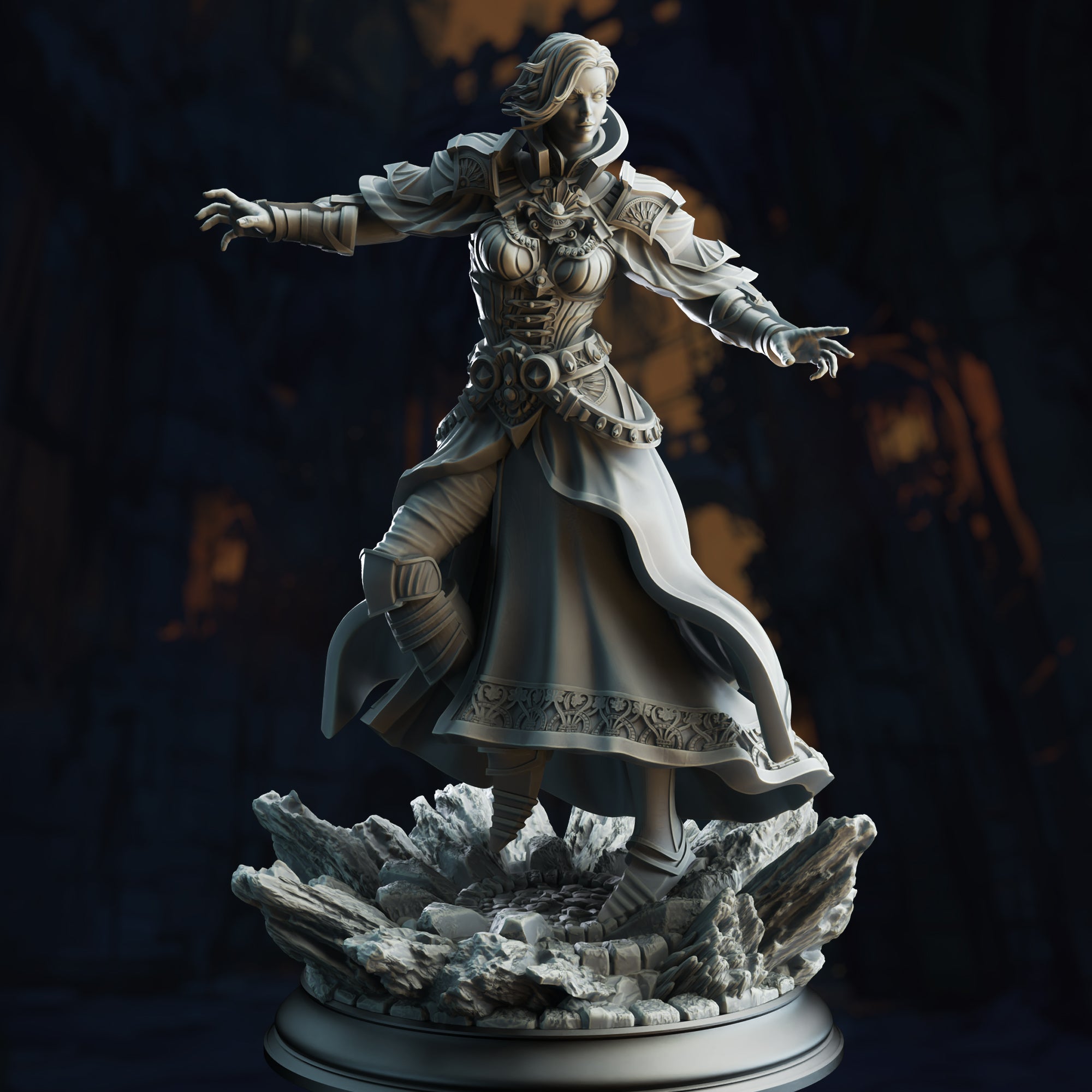 A detailed 3D model of a female warrior figure, wearing a flowing robe and wielding a weapon, standing on a base and surrounded by a dramatic, rocky landscape.