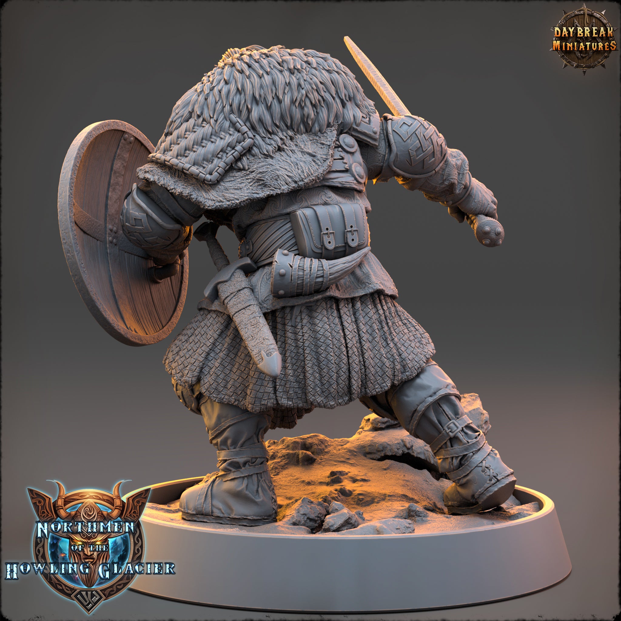 A detailed 3D model of a warrior figure, wearing a fur-lined helmet and armor, holding a shield and sword. The figure is standing on a rocky base, and the background is dark, creating a dramatic effect.