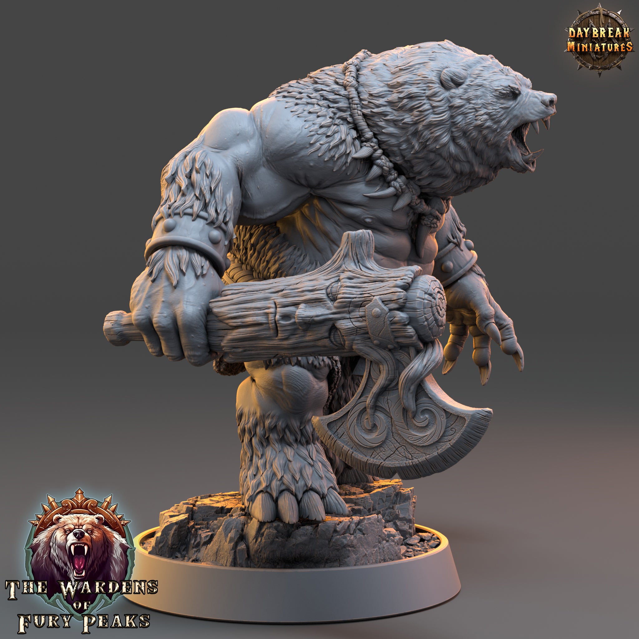 A detailed 3D model of a fierce-looking bear wielding a large weapon, likely a mace or sword, against a dark background.