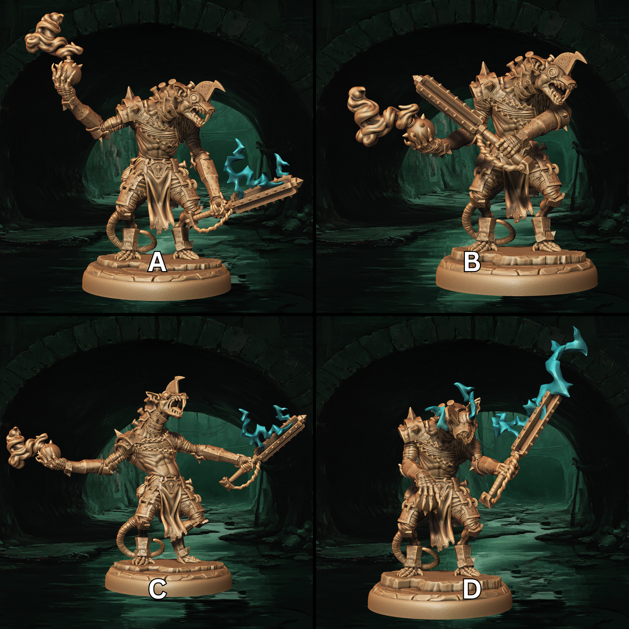 a set of four pictures of a statue of a demon