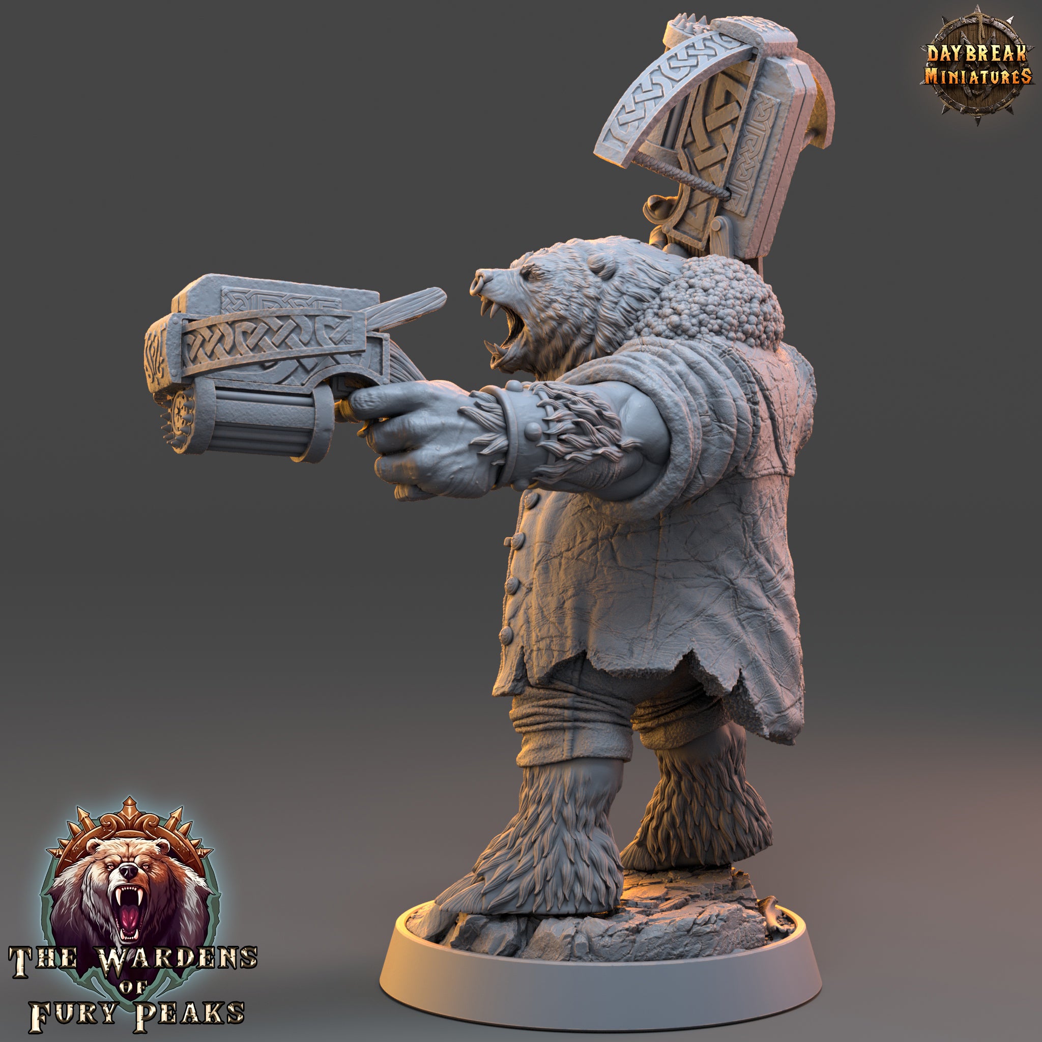 A 3D model of a bear-like creature with a large weapon in its hand, standing on a platform. The image appears to be a promotional or promotional artwork for a video game or other media.