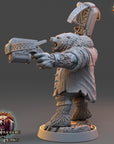 A 3D model of a bear-like creature with a large weapon in its hand, standing on a platform. The image appears to be a promotional or promotional artwork for a video game or other media.
