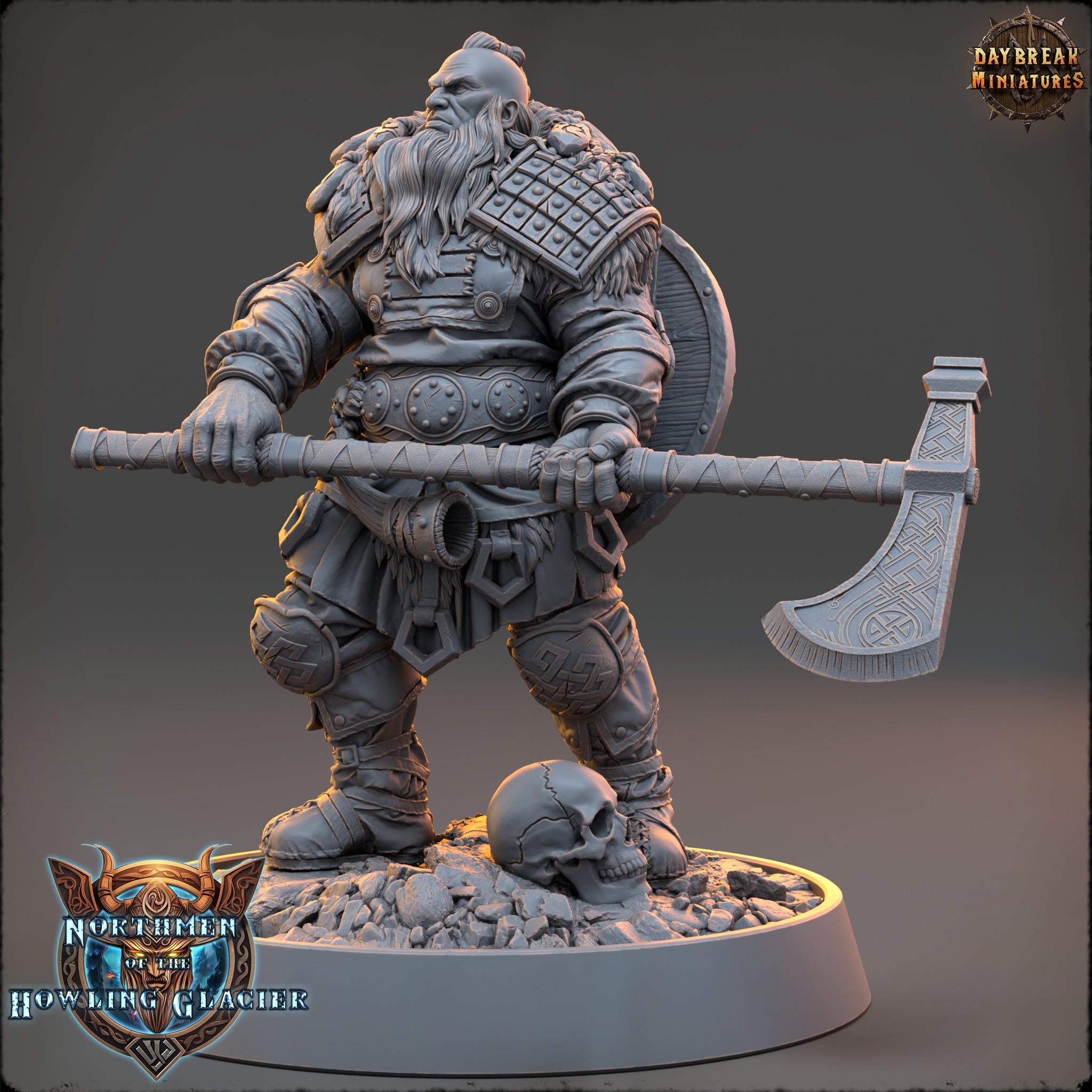 A detailed 3D model of a bearded dwarf warrior holding a large weapon, standing on a base with a skull and a shield.
