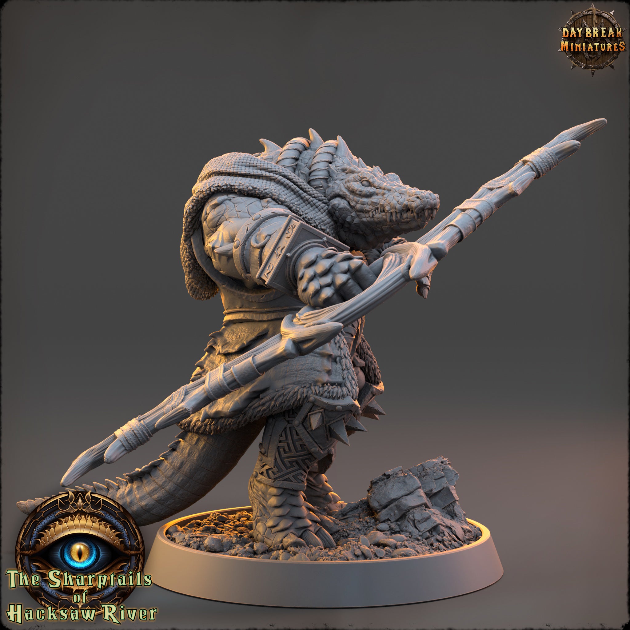 A 3D model of a fantastical creature, possibly a dragon or serpent, with a long, curved weapon in its hands. The creature is standing on a rocky base and appears to be in a fighting stance.
