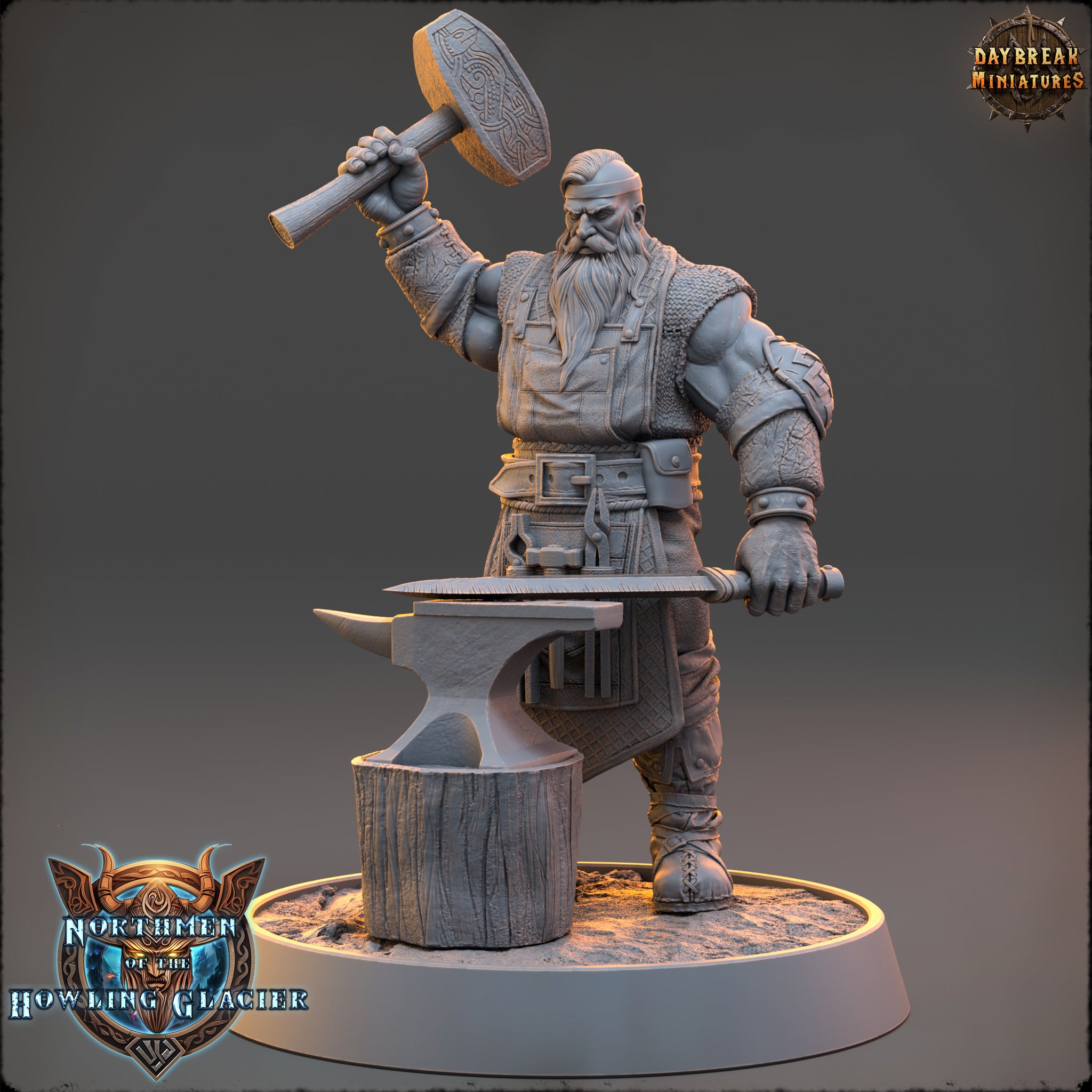 A 3D model of a bearded, armored figure holding a hammer and standing next to anvil, with the Daybreak Miniatures logo visible in the background.