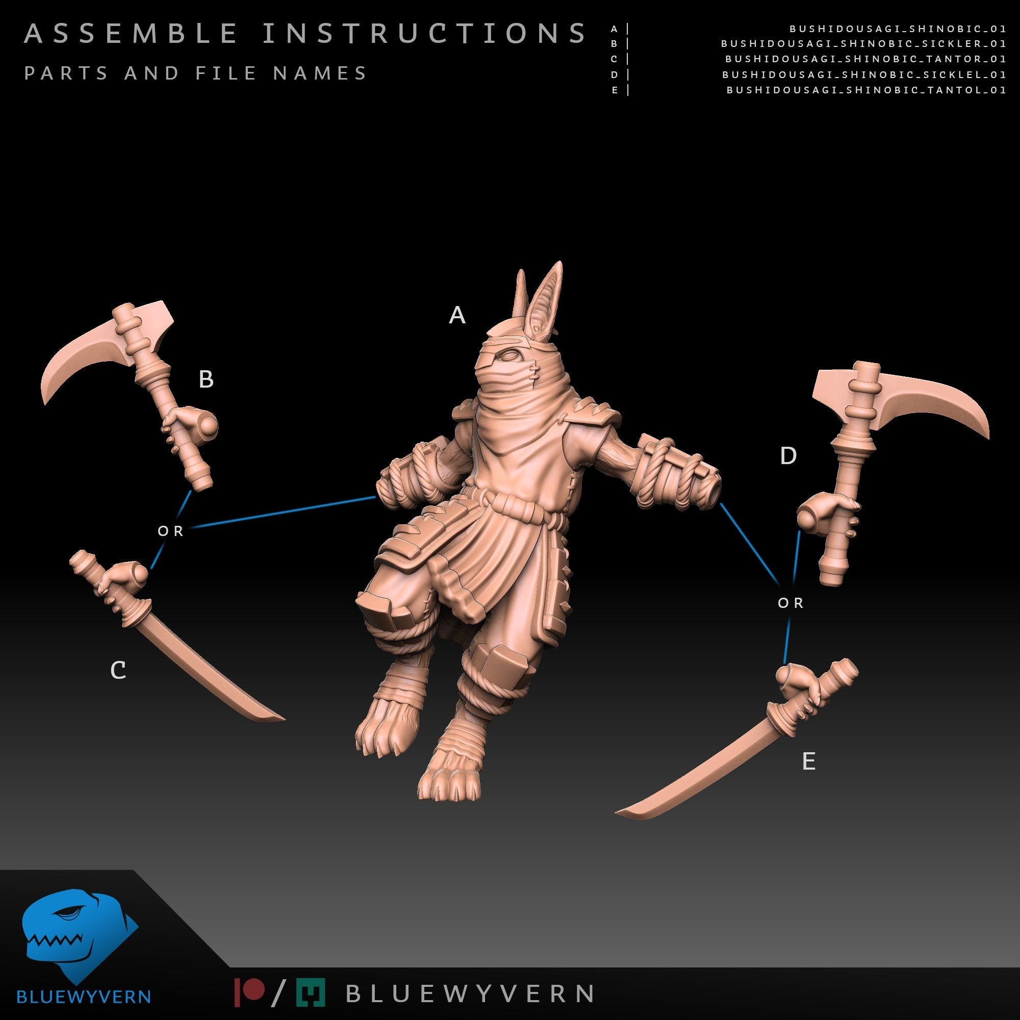 Rabbit Shinobi - Bushido Usagi - 3d Printed Miniature by Blue Wyvern