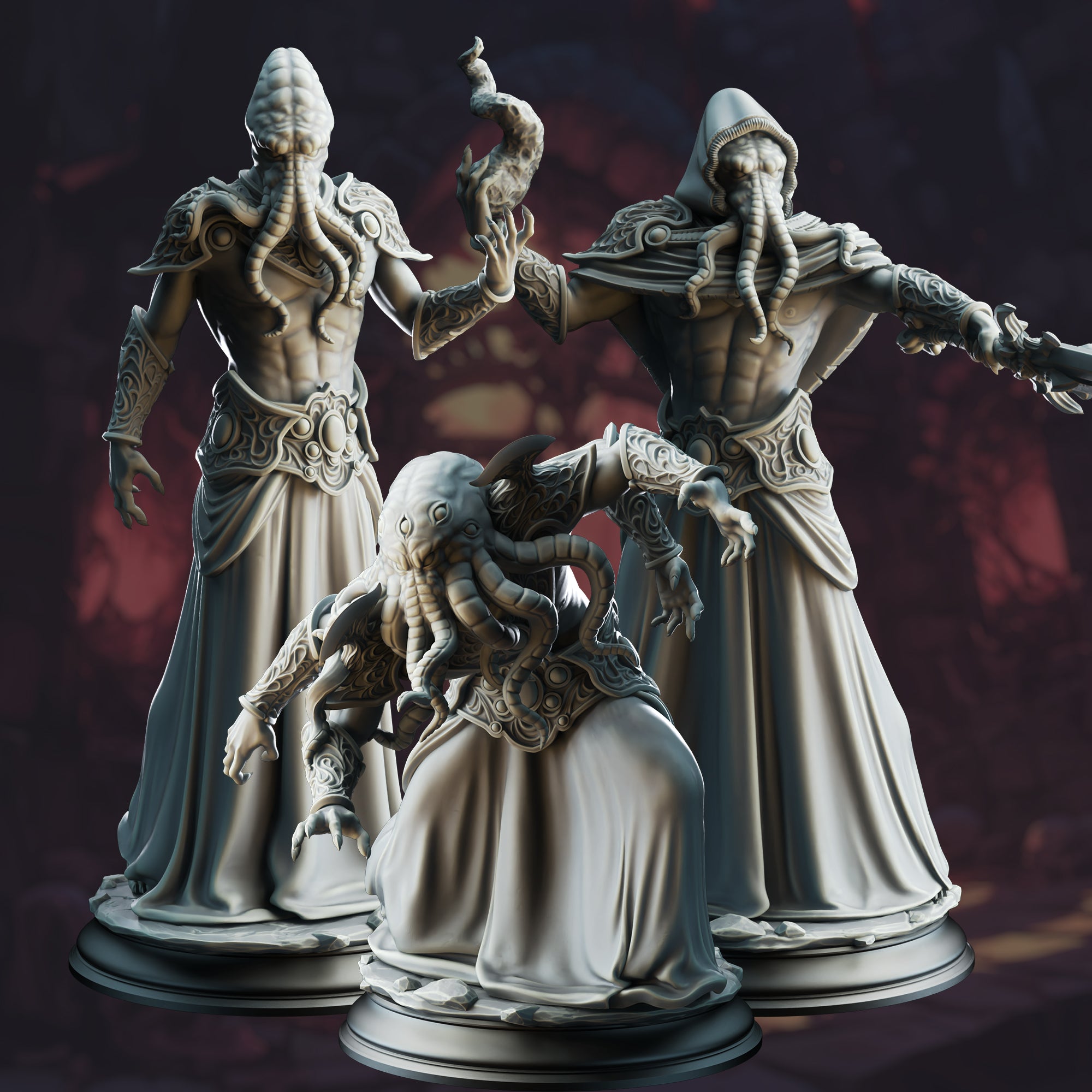 three detailed figurines of fantastical creatures, including tentacles, robes, and other ornate designs. The figurines are arranged in a group, with one on the left, one in the center, and one on the right, all set against a dark, moody background.