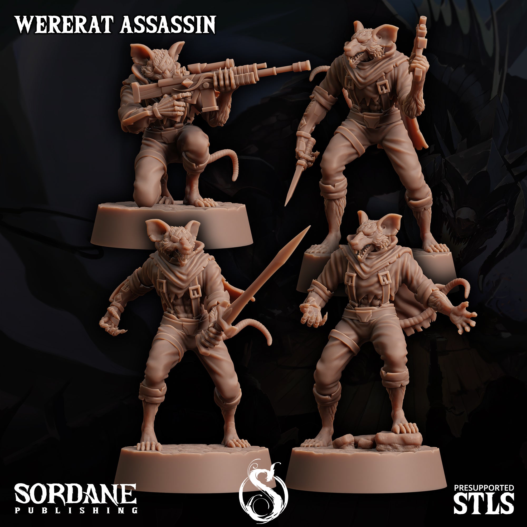 a set of three figurines of mice with weapons