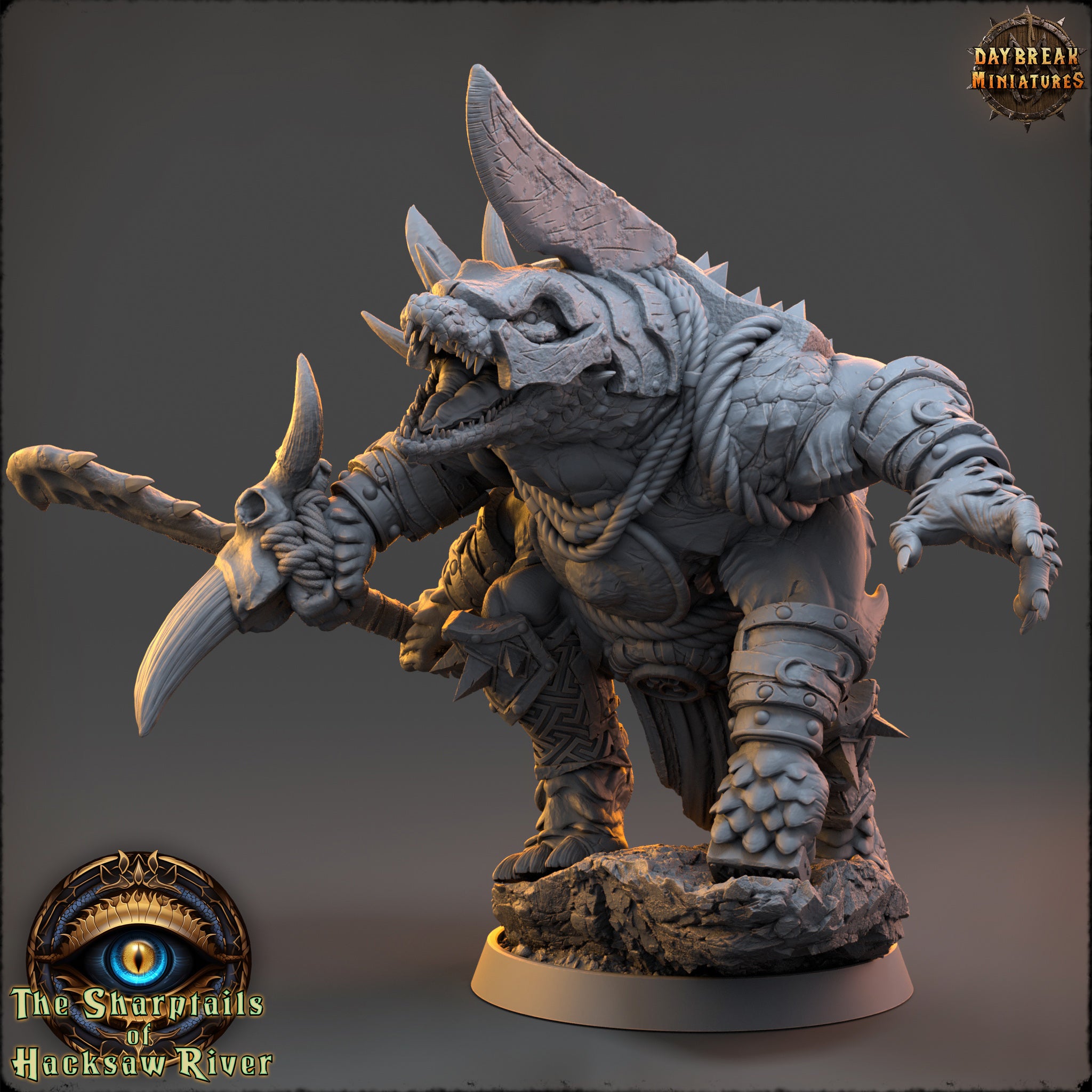 A detailed 3D model of a fierce-looking monster or dragon-like creature, with sharp teeth and claws, standing on a rock formation. The creature appears to be a fantasy creature from a fantasy world, possibly from the video game "Daybreak Miniatures".