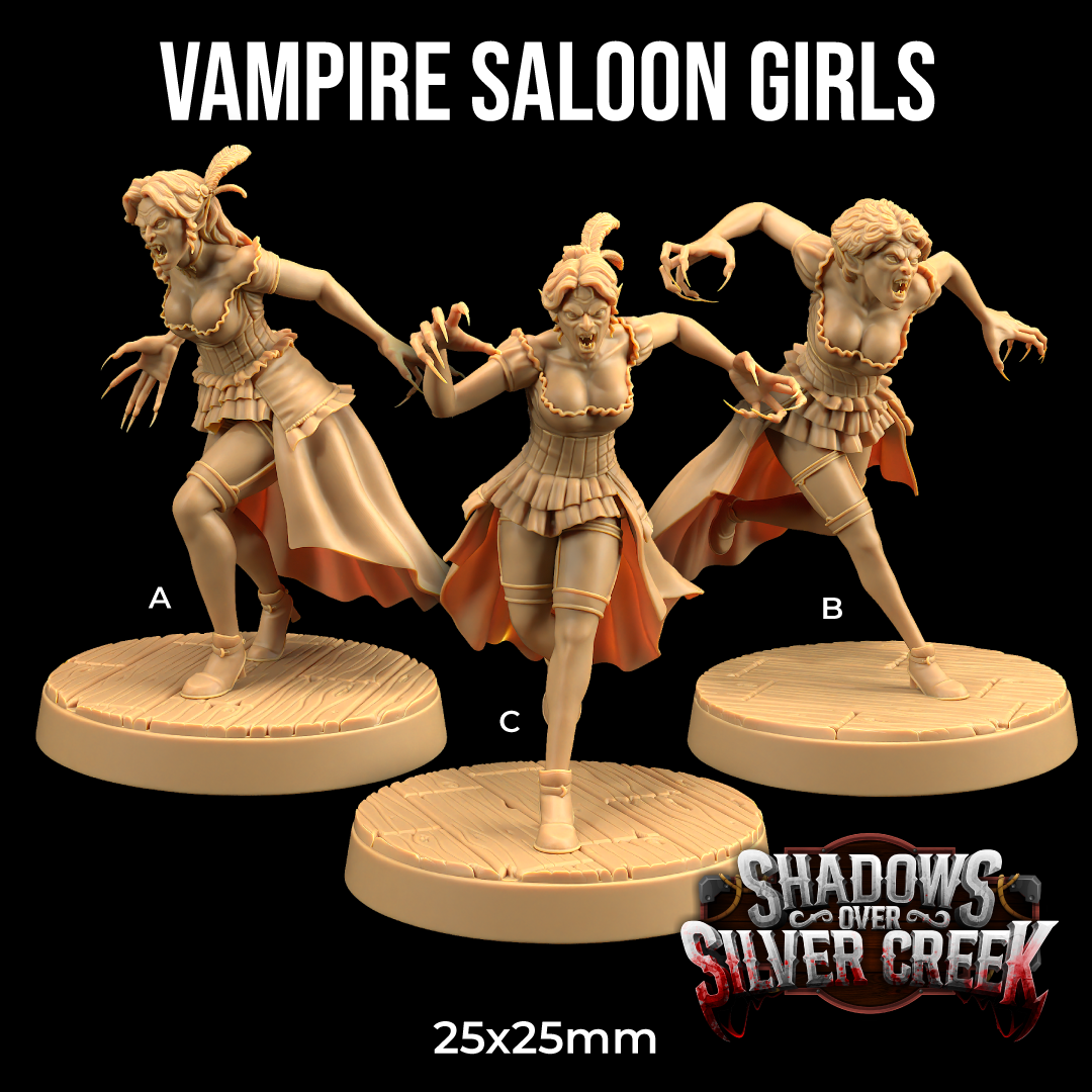 three figurines of women dressed in costumes, likely representing characters from a fantasy or horror game. The figurines are arranged in a row, with the first one on the left, the second one in the middle, and the third one on the right. The figurines are depicted in a dynamic pose, with one of them appearing to be in motion. The image does not contain any text, and the figurines are described as being of different sizes.