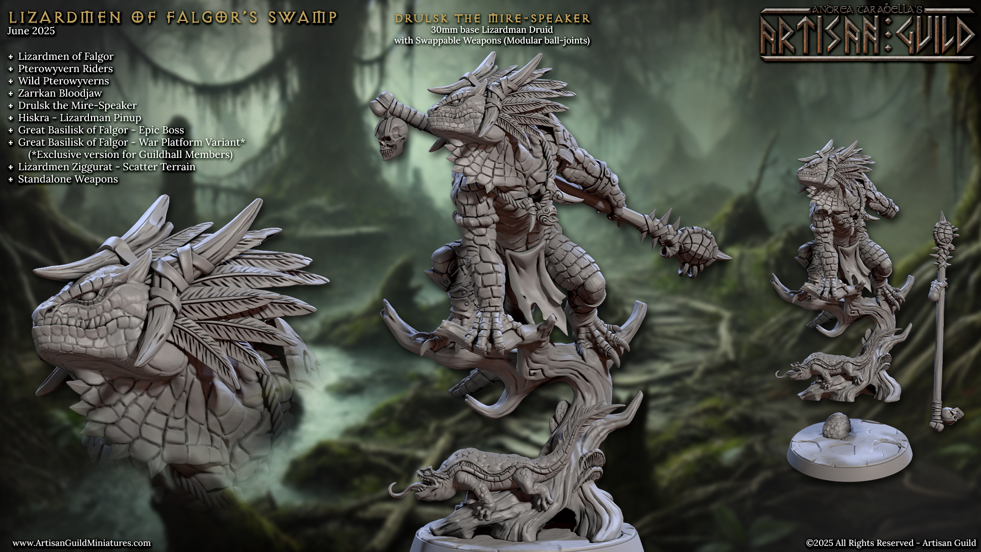 a set of three statues of a creature in a forest