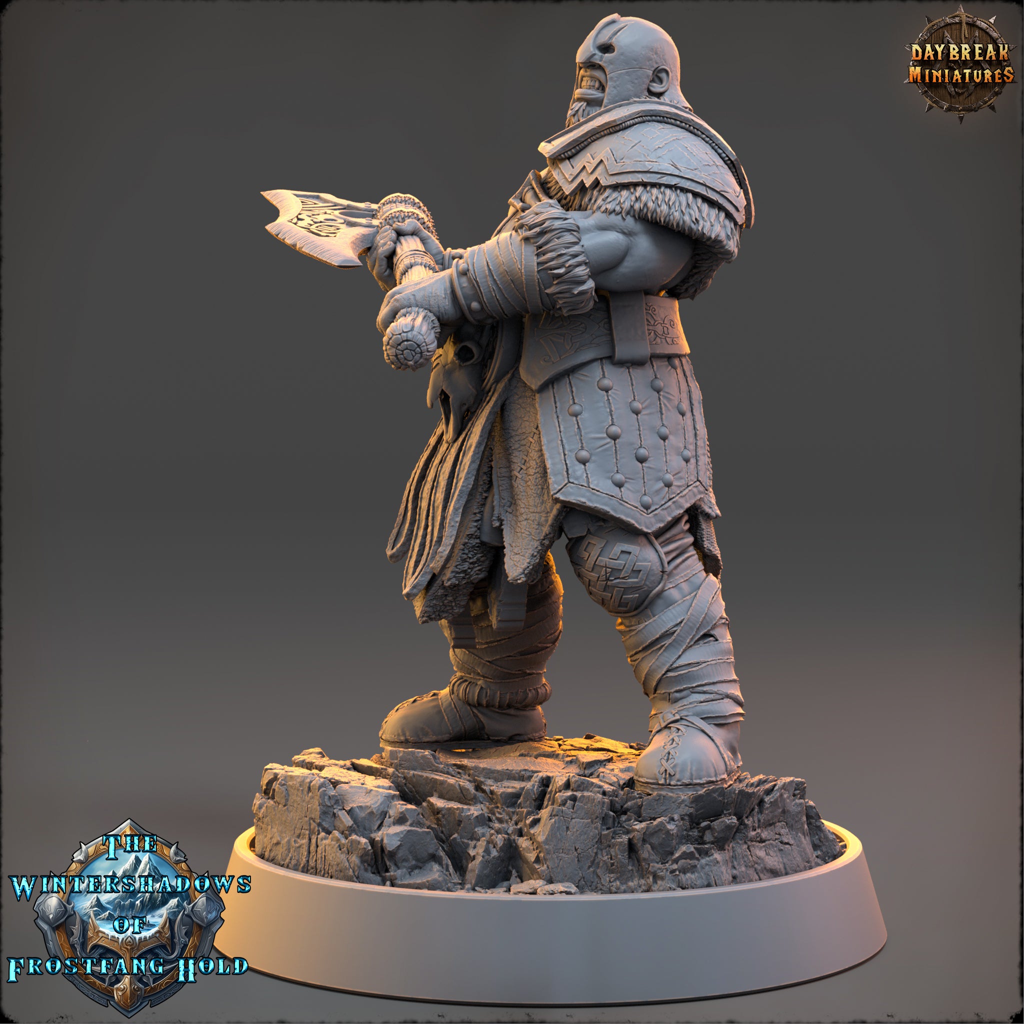 A detailed 3D model of a warrior figure, likely from a fantasy or science fiction game, standing on a rocky base and holding a weapon.