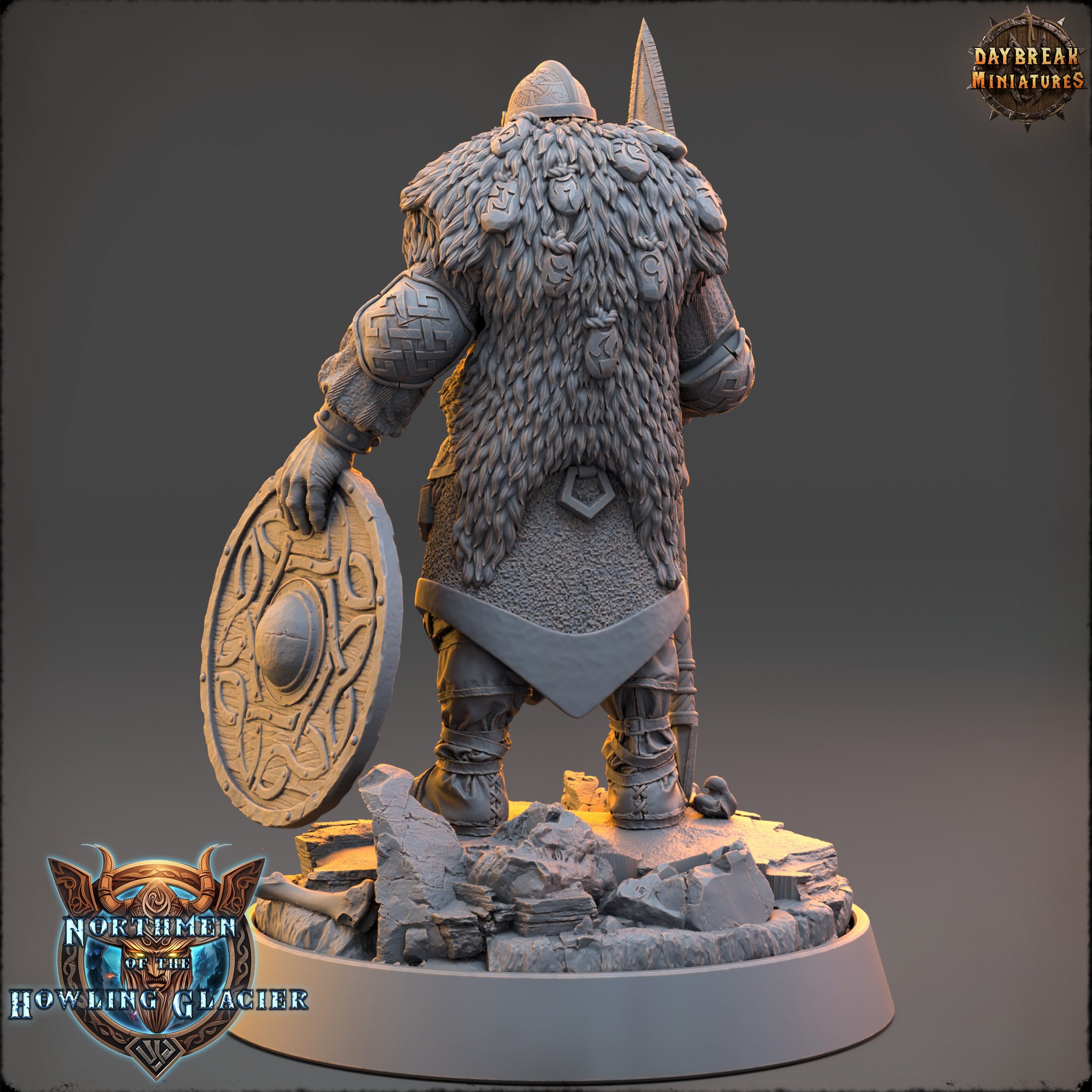 A detailed 3D model of a fantasy character, likely a dwarf or gnome, standing on a rocky base and holding a shield. The character has a furry, textured appearance and is wearing a helmet. The image is described as a collage of multiple images, so I will not describe each one individually. The image does not contain any text.