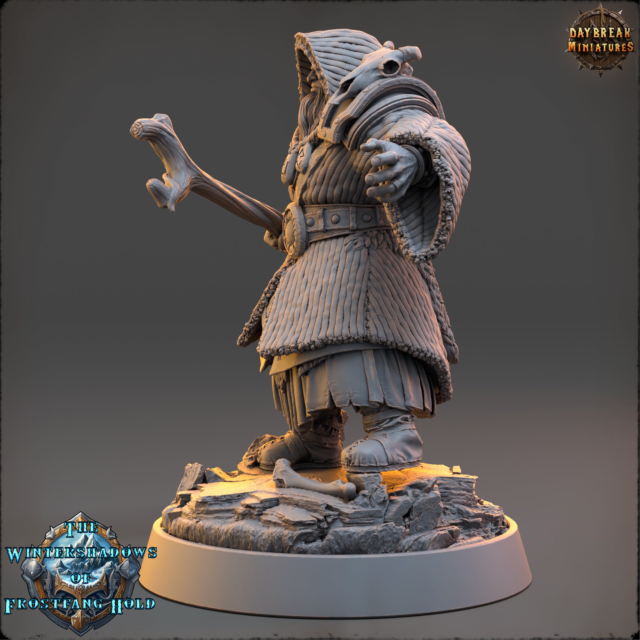 A 3D rendering of a fantasy character, possibly a wizard or magical being, standing on a rocky base and holding a staff or staff-like object.