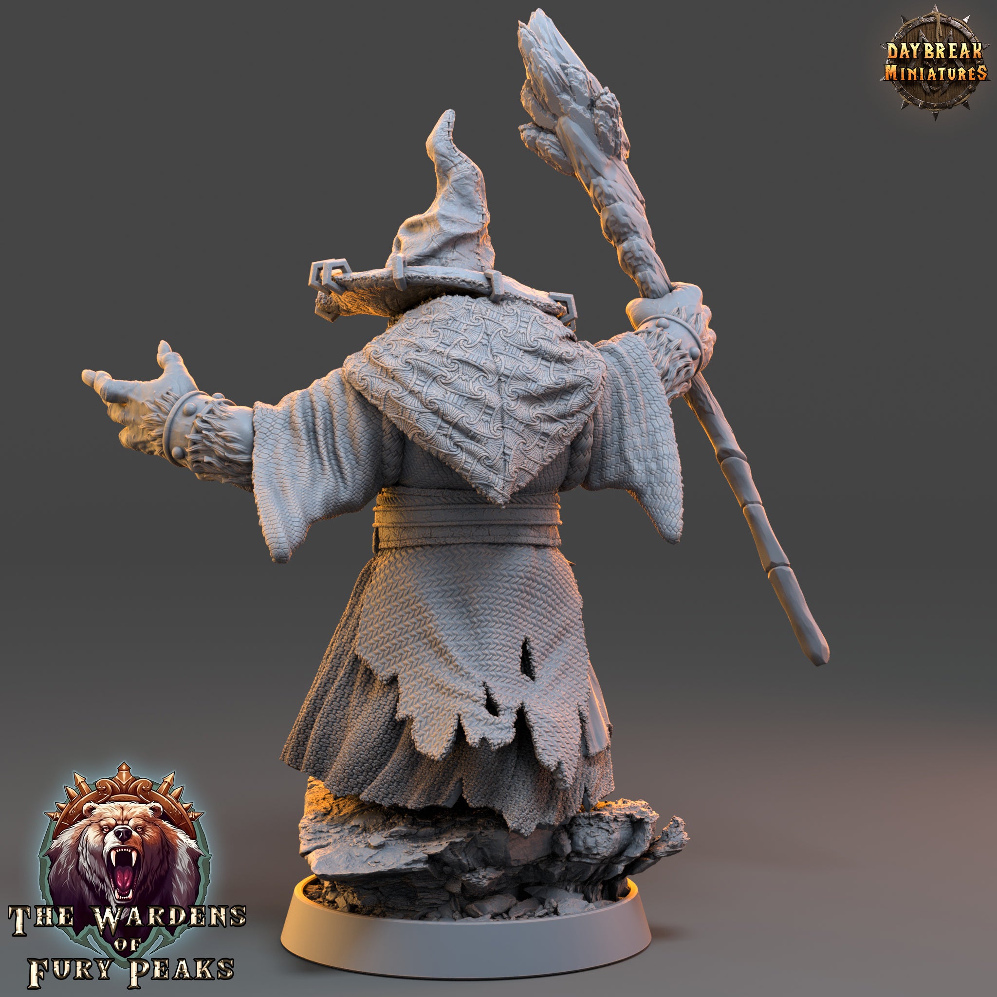A 3D model of a wizard or magical figure, wearing a pointed hat and holding a staff or staff-like object. The figure appears to be from the video game "The Warriors of Fear".